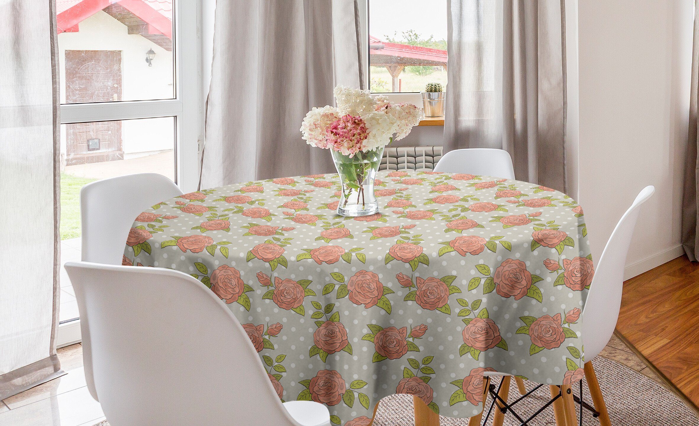 Abakuhaus Tischdecke Kreis Tischdecke Abdeckung für Esszimmer Küche Dekoration, Vintage Rose Blume auf Tupfen | Tischdecken