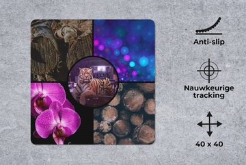 MuchoWow Gaming Mauspad Tiger - Collage - Holz - Orchidee (1-St), Mousepad mit Rutschfester Unterseite, Gaming, 40x40 cm, XXL, Großes