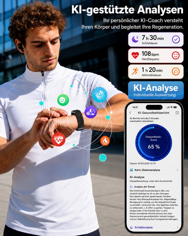 RUHE Fitness-Tracker Smart Band Metall Fitness Armband ohne Display Herren Damen Metall (Fitness Armband, 1-tlg., Mit Extra Armband aus Nylon), Akku +1 Monat Laufzeit Pulsmesser 24/7 Schlafmonitor Schrittzähler schwarz