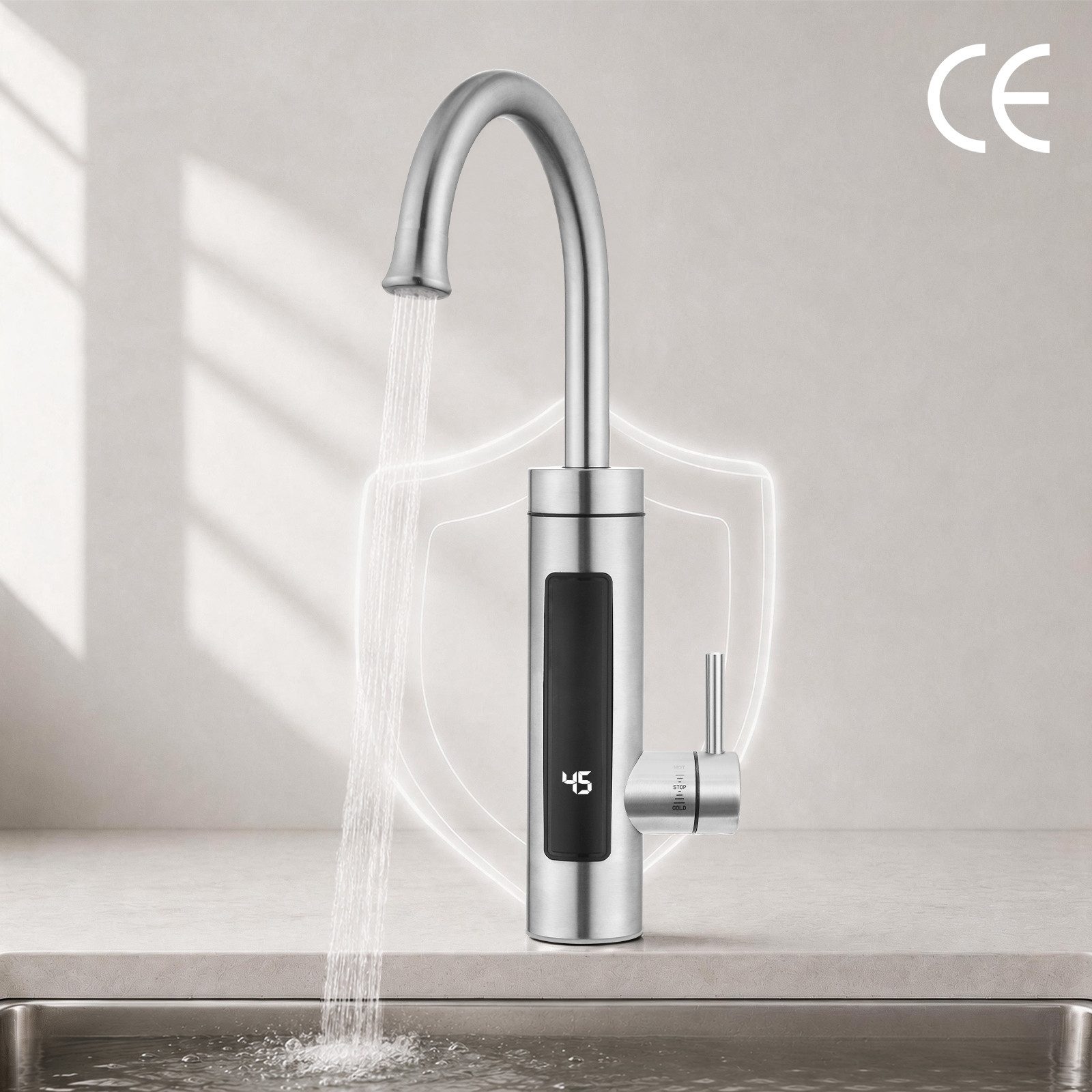 HOMELODY Küchenarmatur Elektrische Durchlauferhitzer, Smart Heater Wasserhahn 360° drehbar Edelstahl Wasserhahn Küche mit LED Temperaturanzeige, Gebürstet