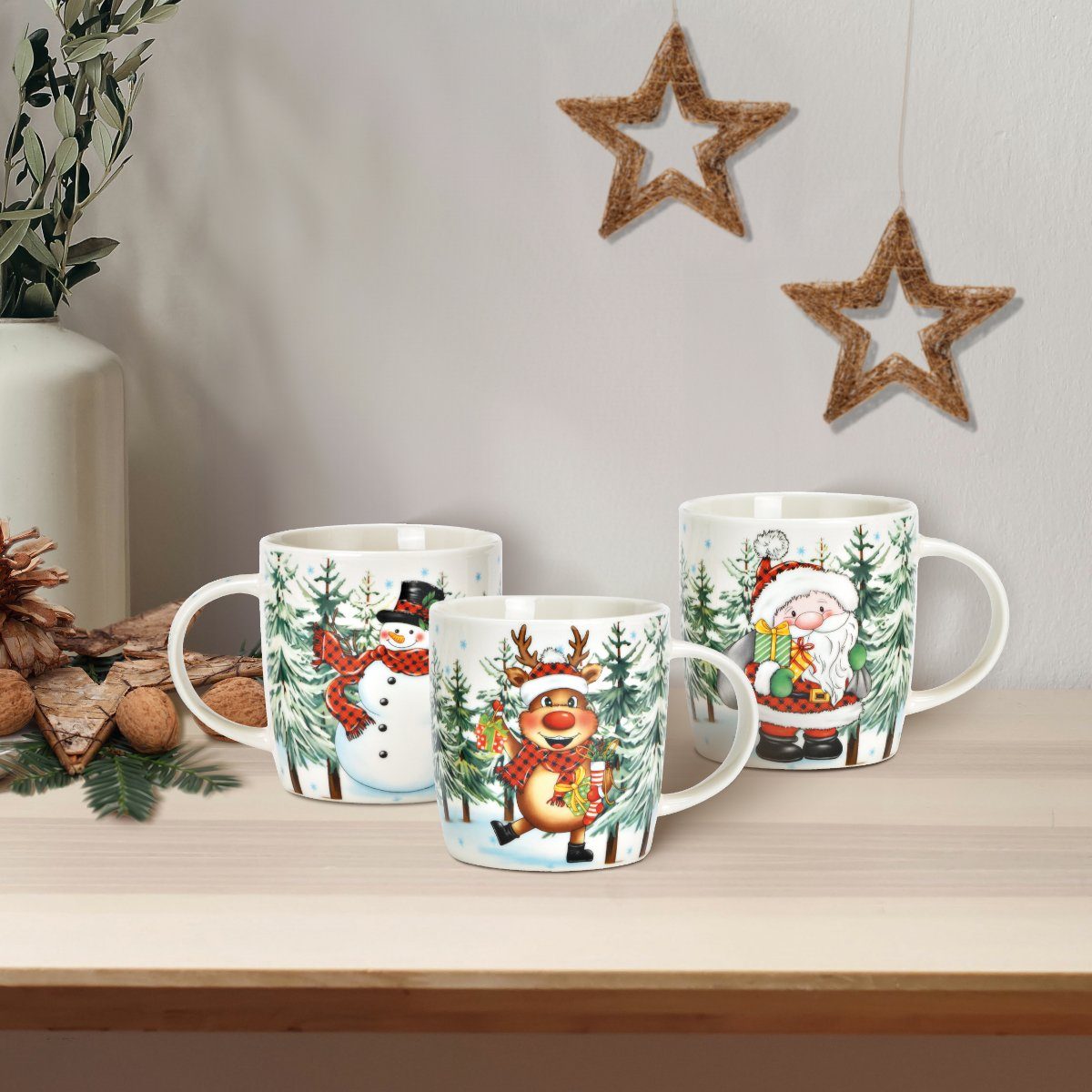 matches21 HOME & HOBBY Tasse Weihnachtstassen 6er Set lustige Weihnachtsmotive, 6-tlg., Porzellan, Tee Kaffee-Becher, Weihnachten, modern, bunt, 340 ml