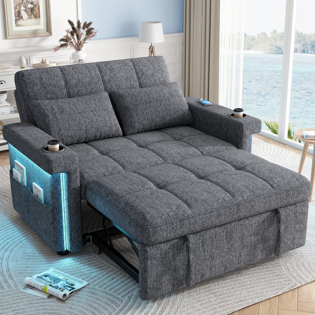Odikalo Schlafsofa 2-Sitzer mit Schlaffunktion LED USB und verstellbare Rückenlehne, umwandelbares Schlafsofa mit Schlaffunktion, LED-Beleuchtung, USB/Type-C-Ladeanschluss, verstellbare Rückenlehne, Kissen, Getränkehalter, Seitentasche, Chenille Stoff