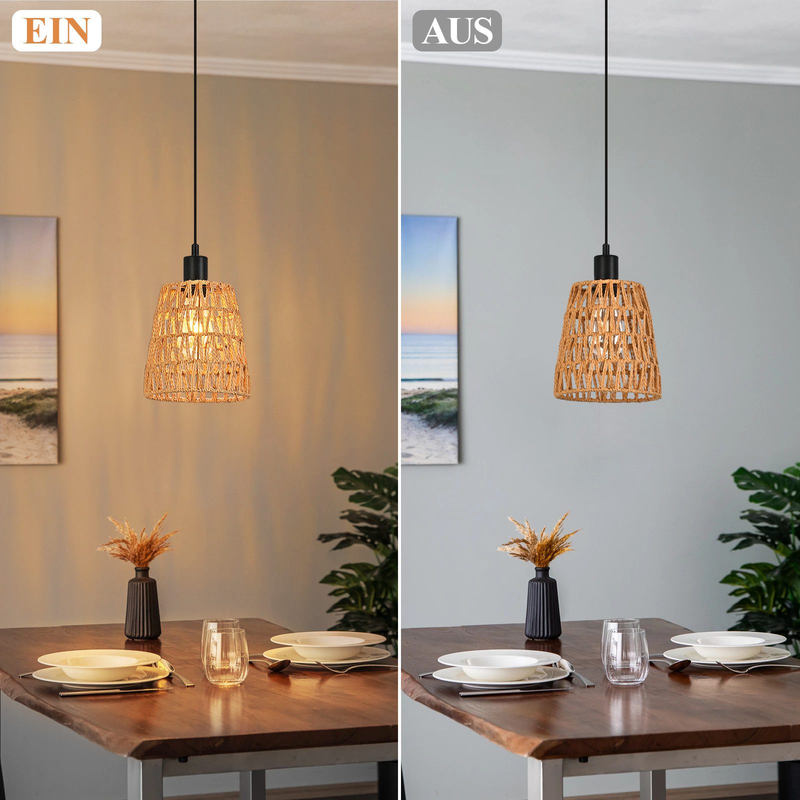 Nettlife Pendelleuchte Boho Papier Hängelampe Retro höhenverstellbar 1/3 flammige E27, Höhenverstellbar, ohne Leuchtmittel, ob Schlafzimmer Flur Esszimmer Dachb – Bild 4 von 5