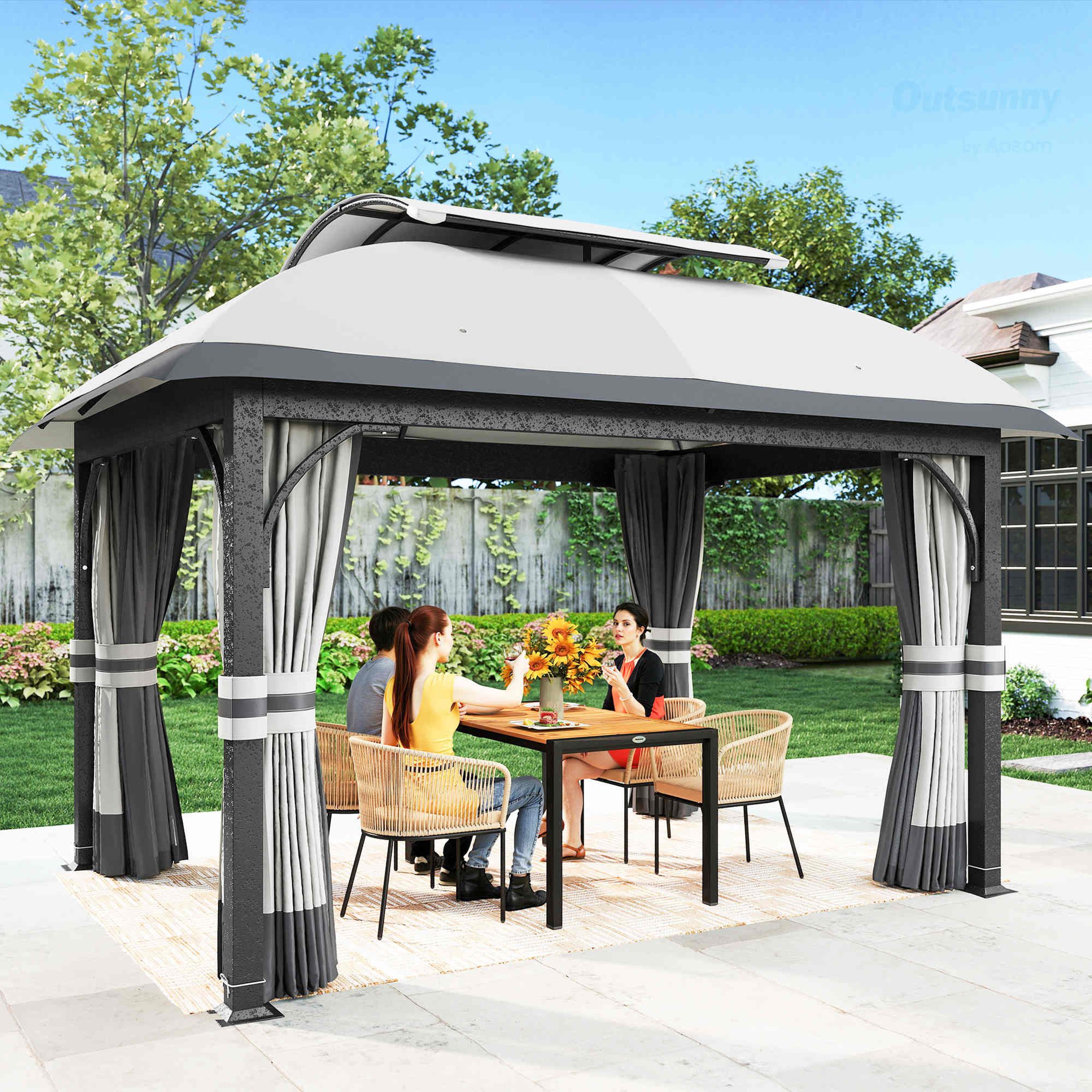 Outsunny Pavillon 4x3,3 m, mit Doppeldach, Moskitonetz, Seitenteile, mit 4 Seitenteilen, (Wasserdicht Stabil Winterfest Gartenpavillon, Garten-Pavillon), aus verzinktem Metall, für Garten, Terrasse, Hellgrau