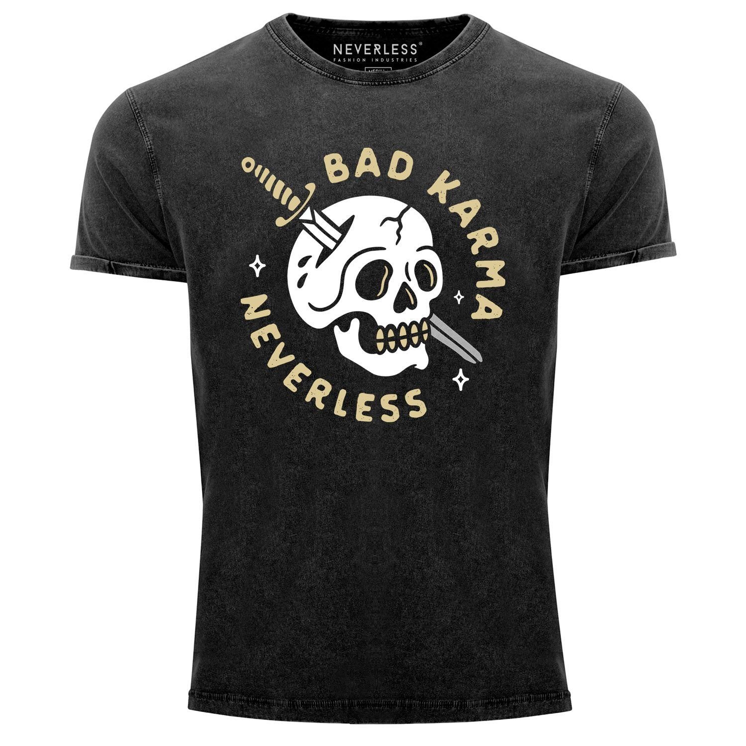 Neverless Print-Shirt Neverless® Herren T-Shirt Vintage Shirt Printshirt Bikermotiv Skull Bad Karma Schriftzug Fashion Streetstyle Aufdruck Used Look Slim Fit mit Print