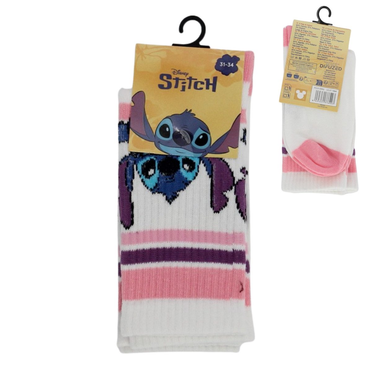 Lilo & Stitch Socken - 2'er Pack Kindersocken Sportsocken Baumwollmischung Weiß (2-Paar)