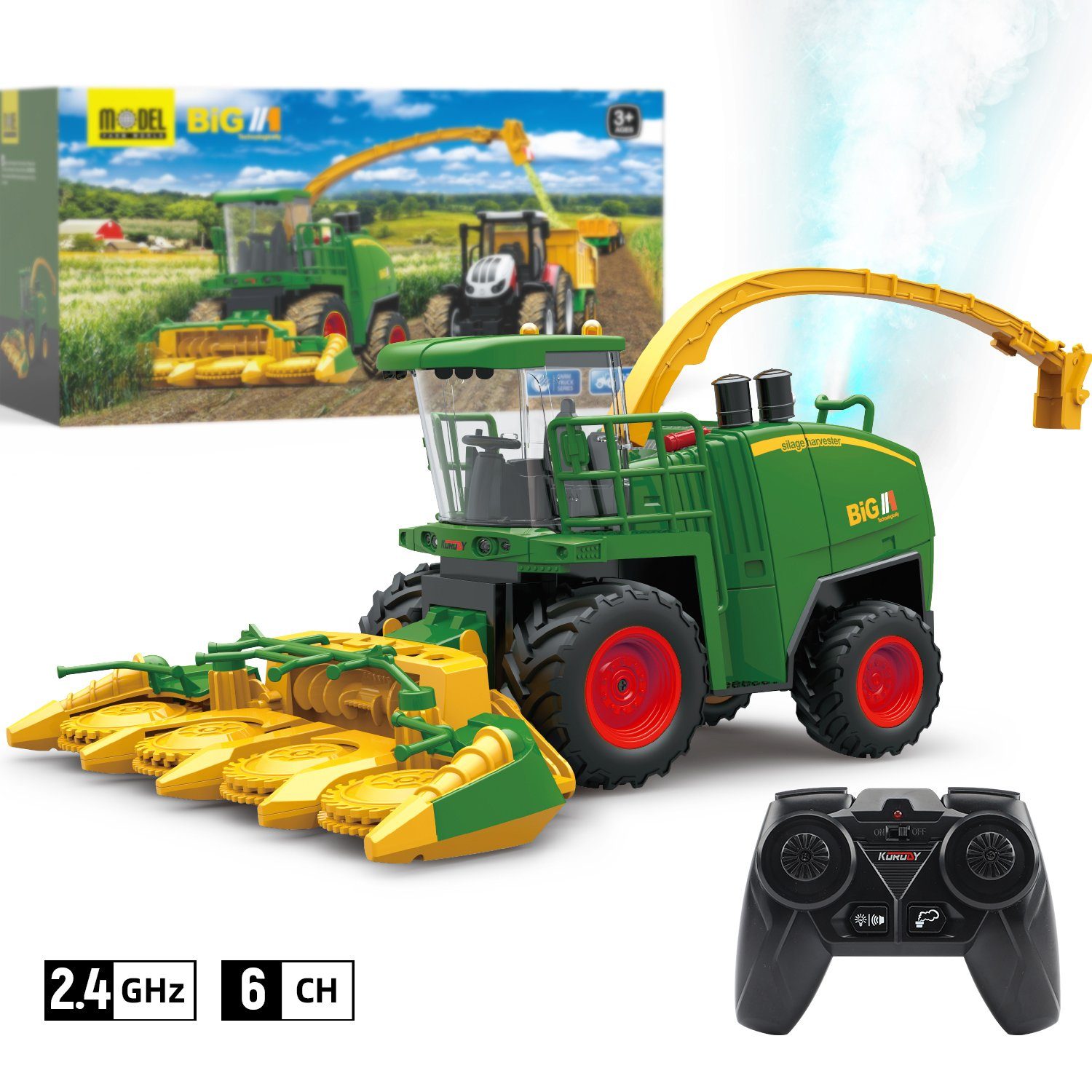 Esun RC-Traktor Mähdrescher ferngesteuert, Mähdrescher Spielzeug ab 3 4 5 6  Jahre (Packung, Komplettset), 1:24, Mähdrescher Kinder mit Sprühen, Licht  und Ton