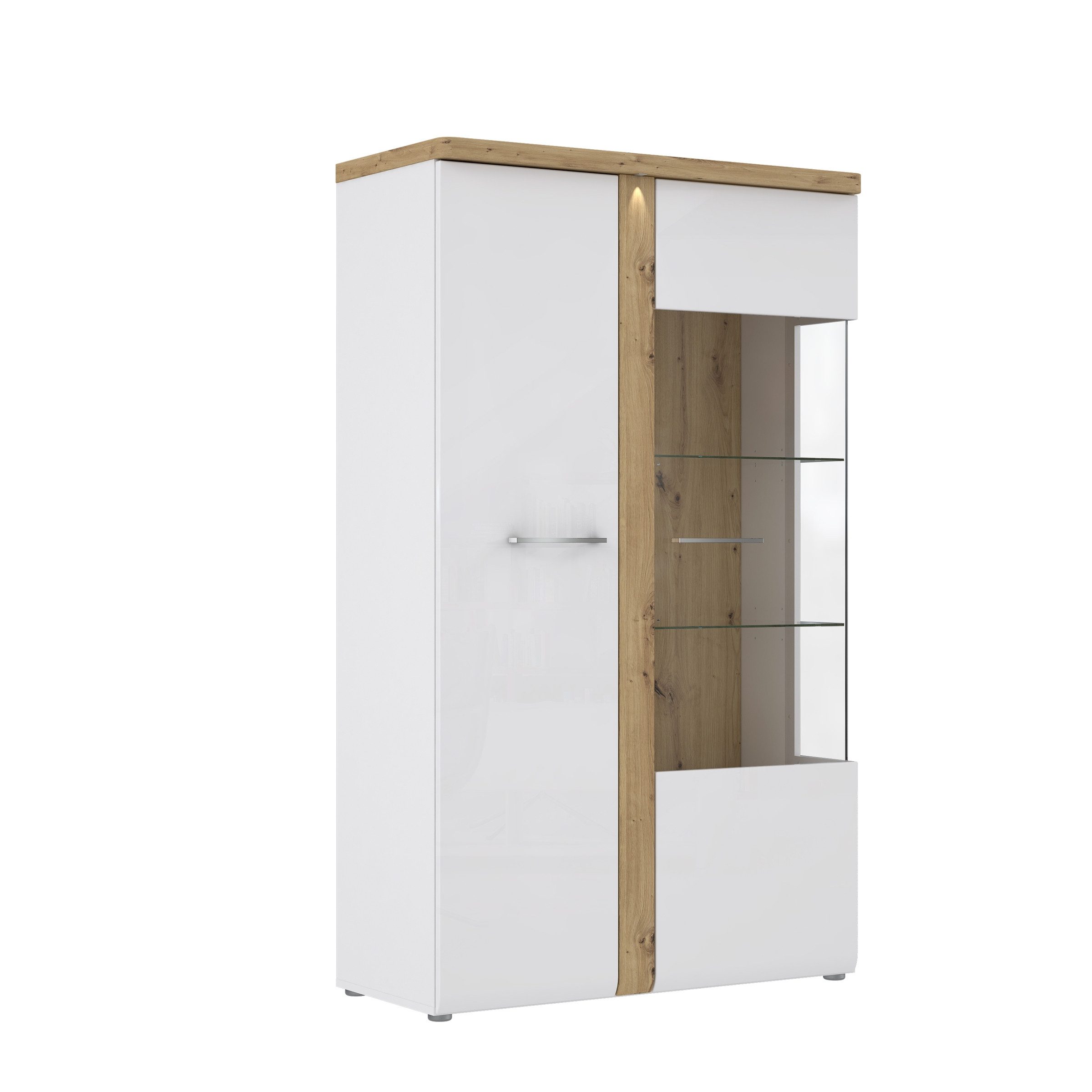 FORTE Standvitrine in Weiss Glanz/ Artisan Eiche Dekor - 98,5x164x43,4cm (BxHxT)