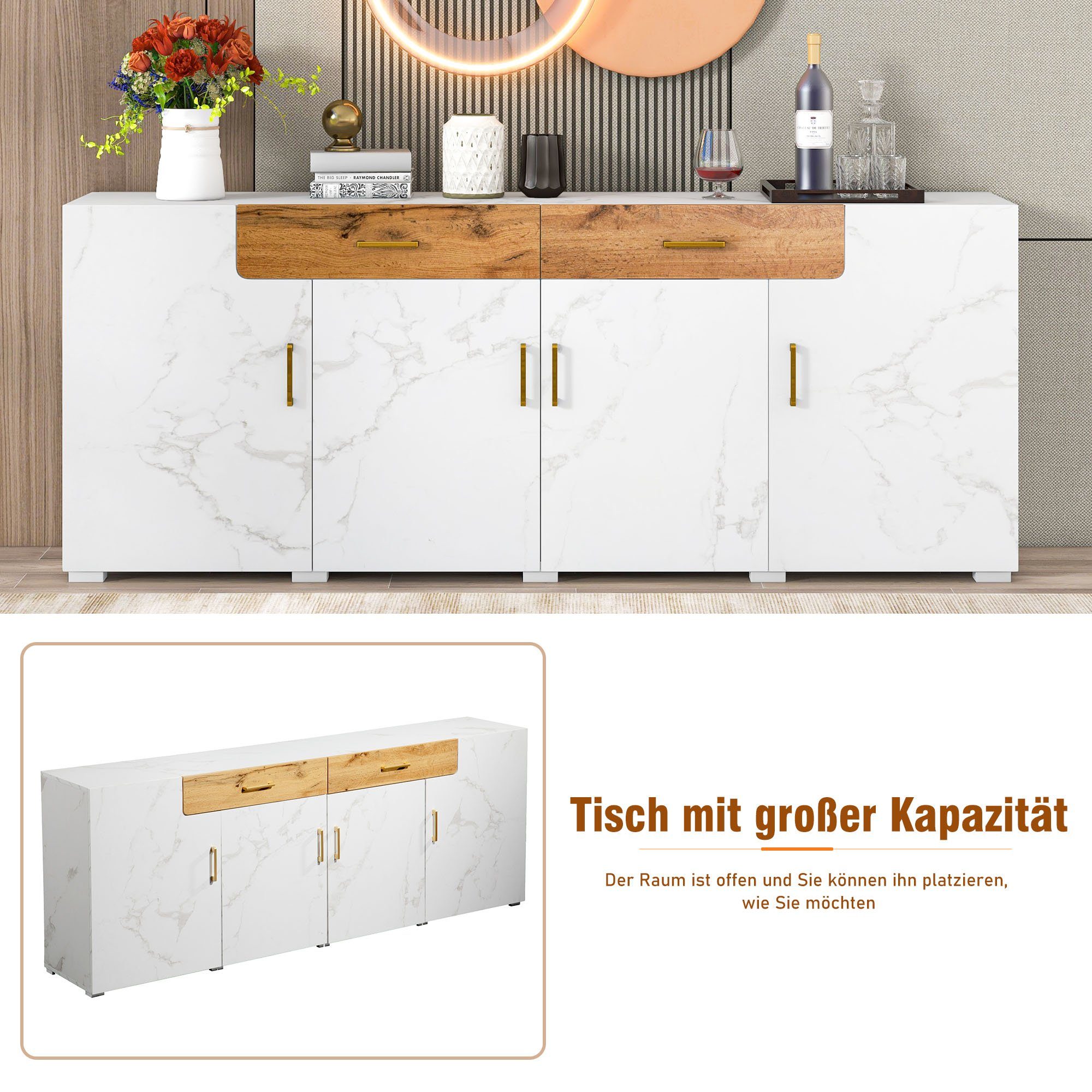 Merax Sideboard, Holz,Highboard,Anrichte,Kommode Marmoroptik,B: 208cm günstig online kaufen