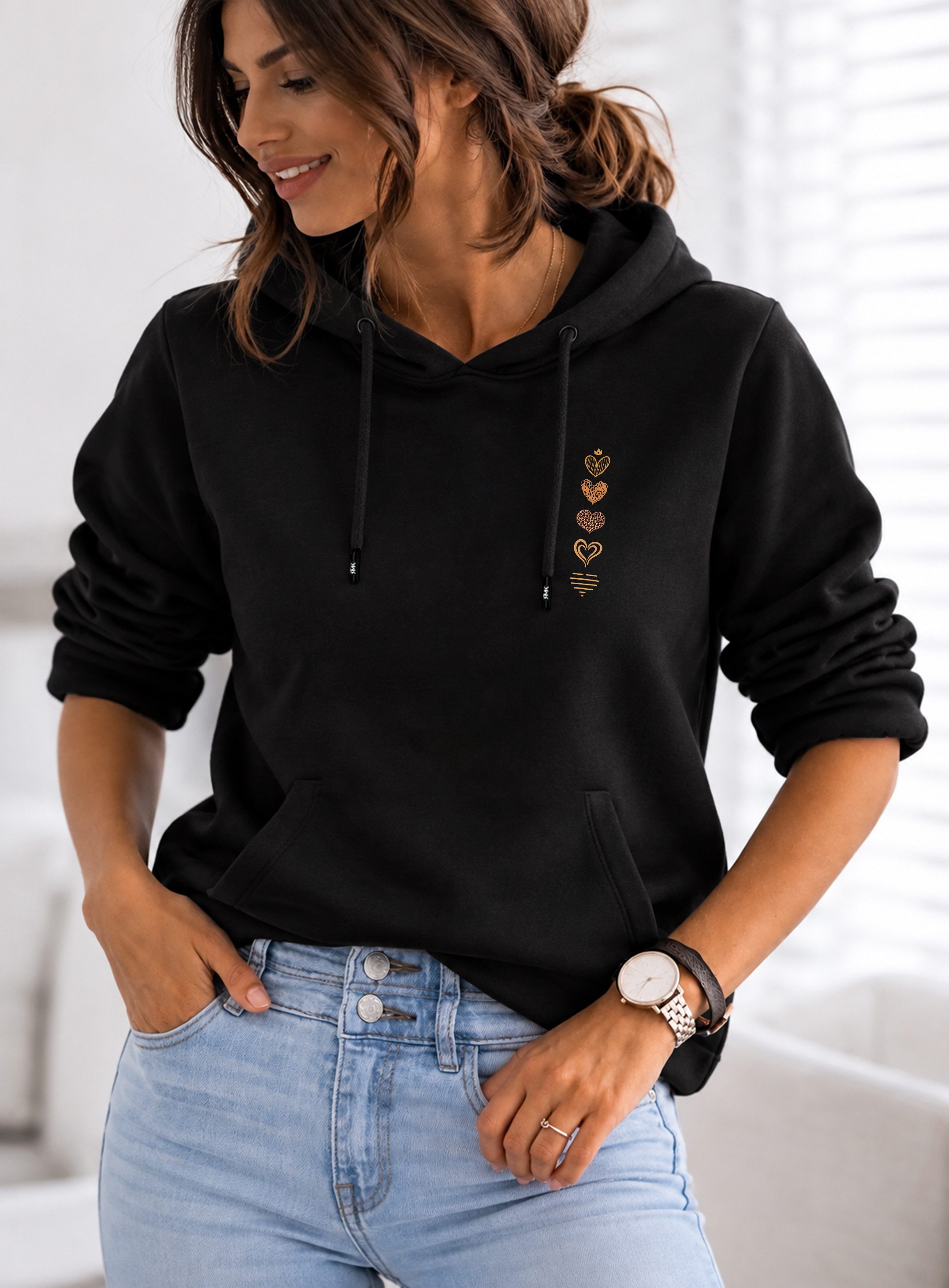 RMK Kapuzenpullover Hoodie Damen Winter Pullover Fleece Basic Herz mit Baumwolle