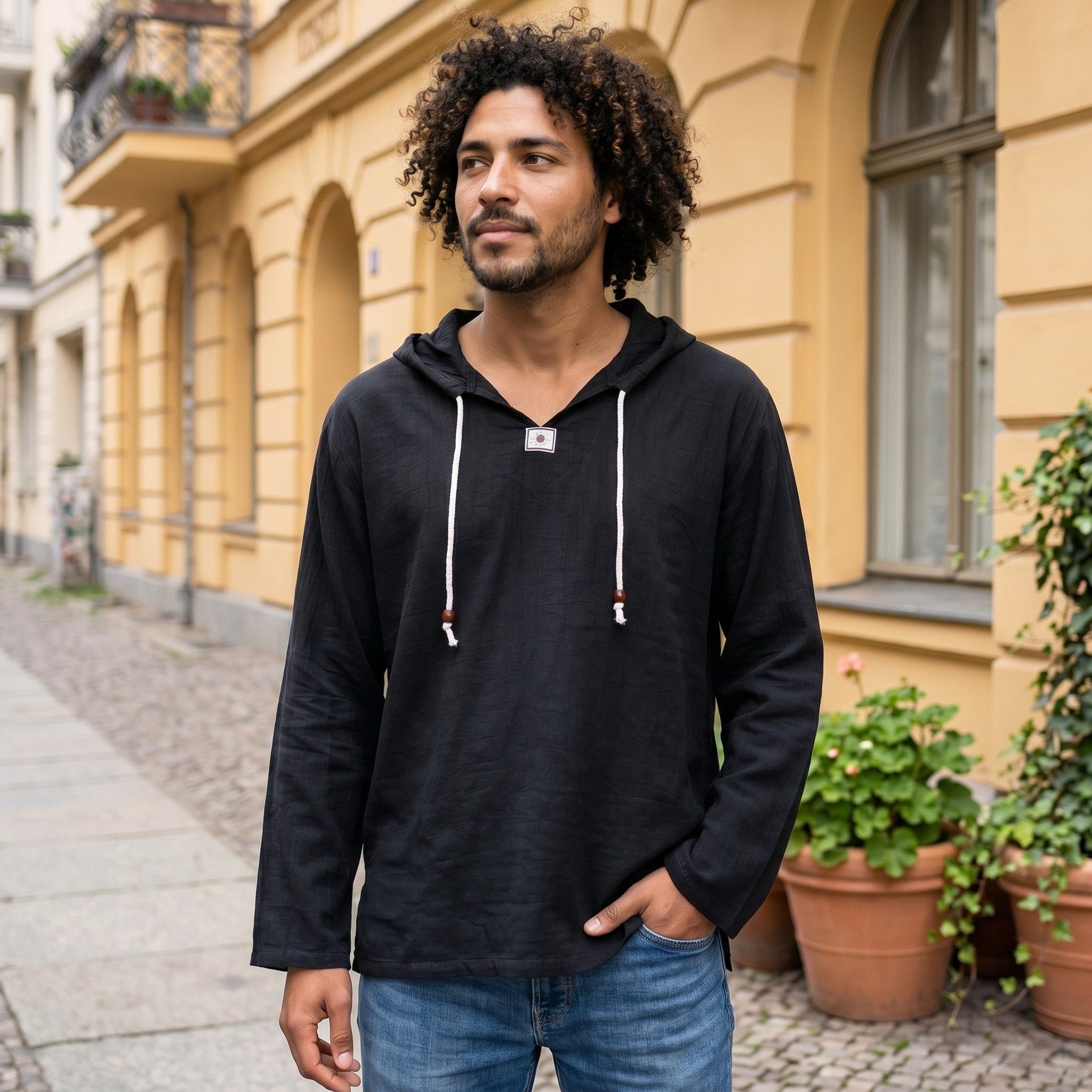 Guru-Shop Hemd & Shirt Yoga Hemd, leichtes Freizeithemd mit Kapuze,.. Ethno Style, alternative Bekleidung