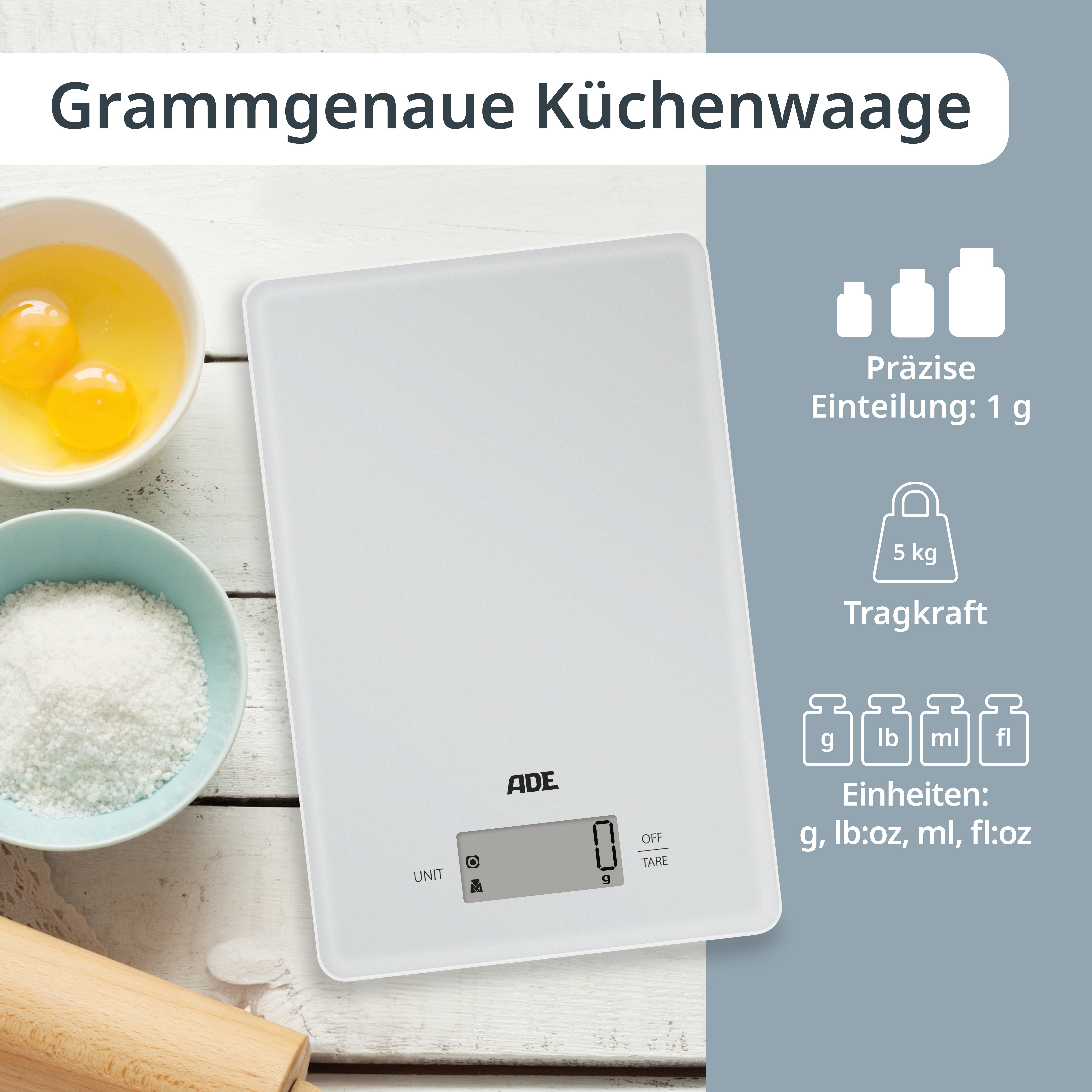 ADE Küchenwaage digital, präzise Grammwaage bis 5kg mit großem Display, extra flache Bauart, mit Öse zum Aufhängen