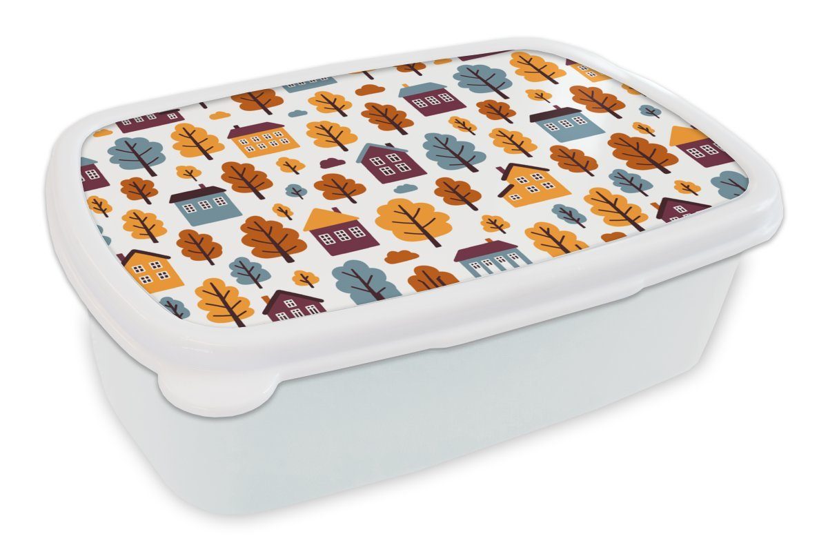 MuchoWow Lunchbox Muster - Haus - Bäume, Kunststoff, (2-tlg), Brotbox für Kinder und Erwachsene, Brotdose, für Jungs und Mädchen weiß