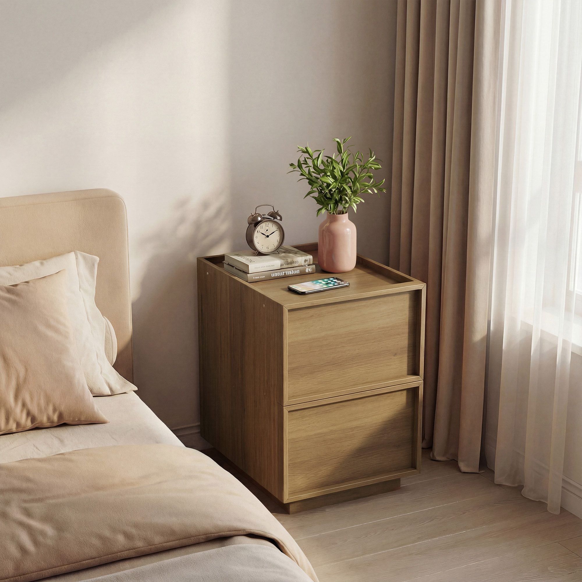 REDOM Nachttisch Moderner Nightstand (mit grifflosen Schubladen Eiche, 1-St., 38 x 48x 54 cm)