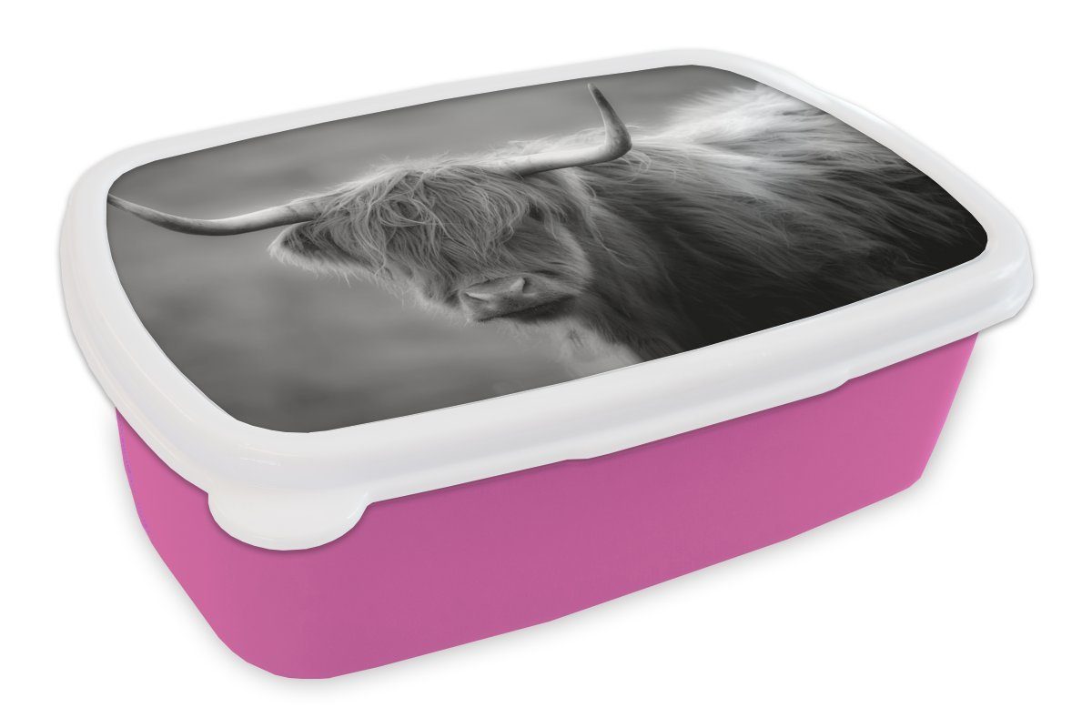 MuchoWow Lunchbox Schottischer Highlander in der Nähe eines Berges - schwarz und weiß, Kunststoff, (2-tlg), Brotbox für Erwachsene, Brotdose Kinder, Snackbox, Mädchen, Kunststoff rosa