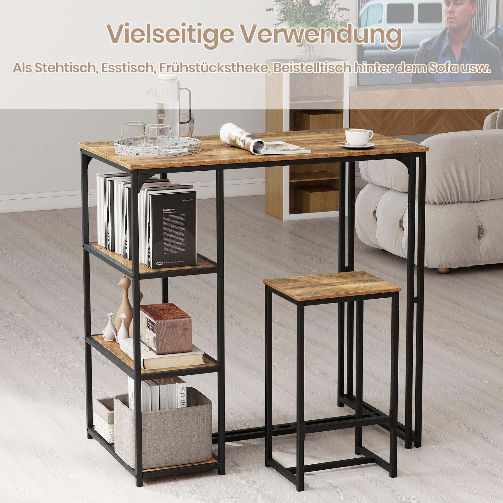 COSTWAY Bartisch, Bartisch Set, Bistrotisch in Barhöhe mit 2 Barhockern