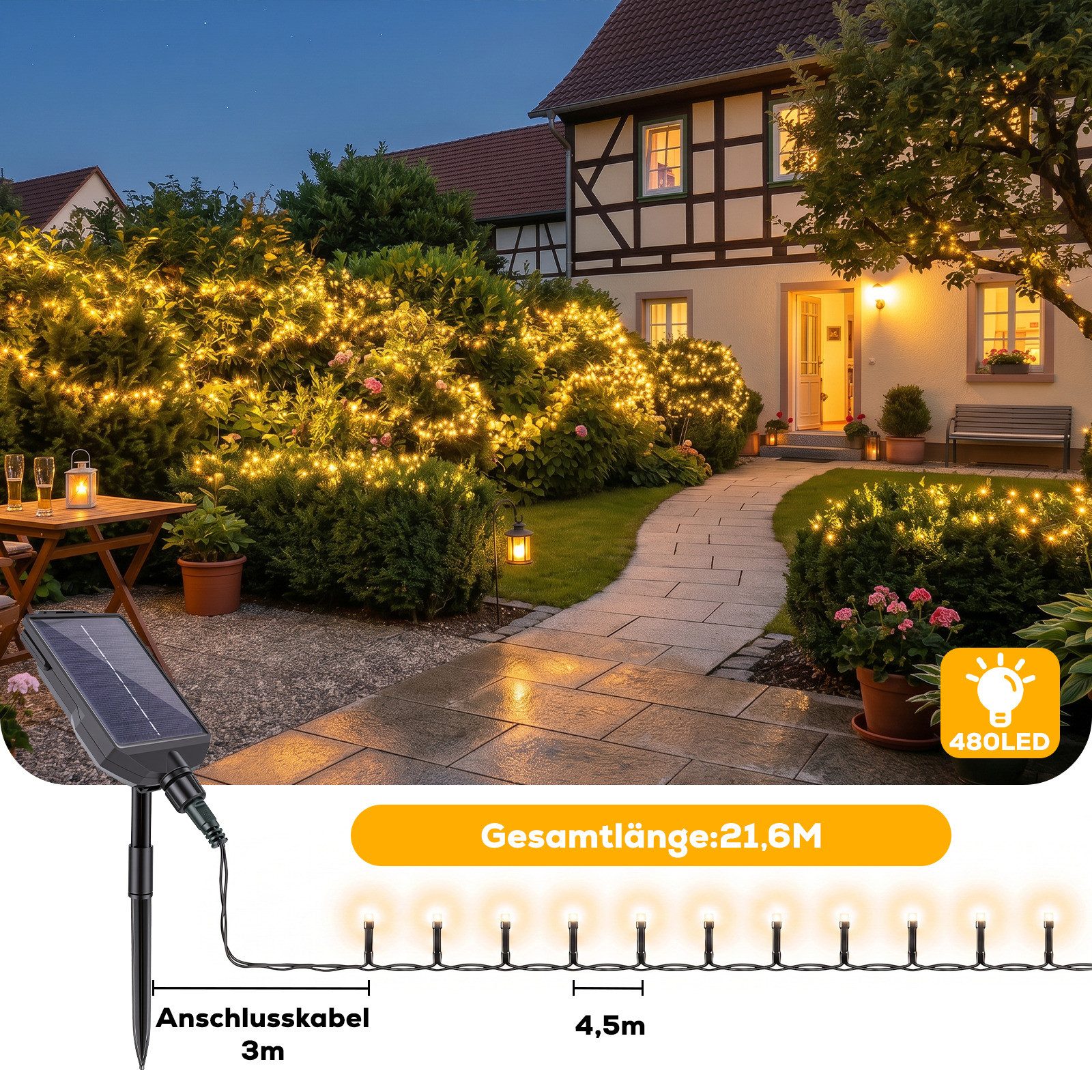 Salcar LED Solarleuchte LED Lichterkette Außen Solar Gartenleuchte Terrasse Balkon Party, Warmweiß, 24,6m 480er LED mit Fernbedienung, 13 Modi, Wasserdichte – Bild 4 von 5