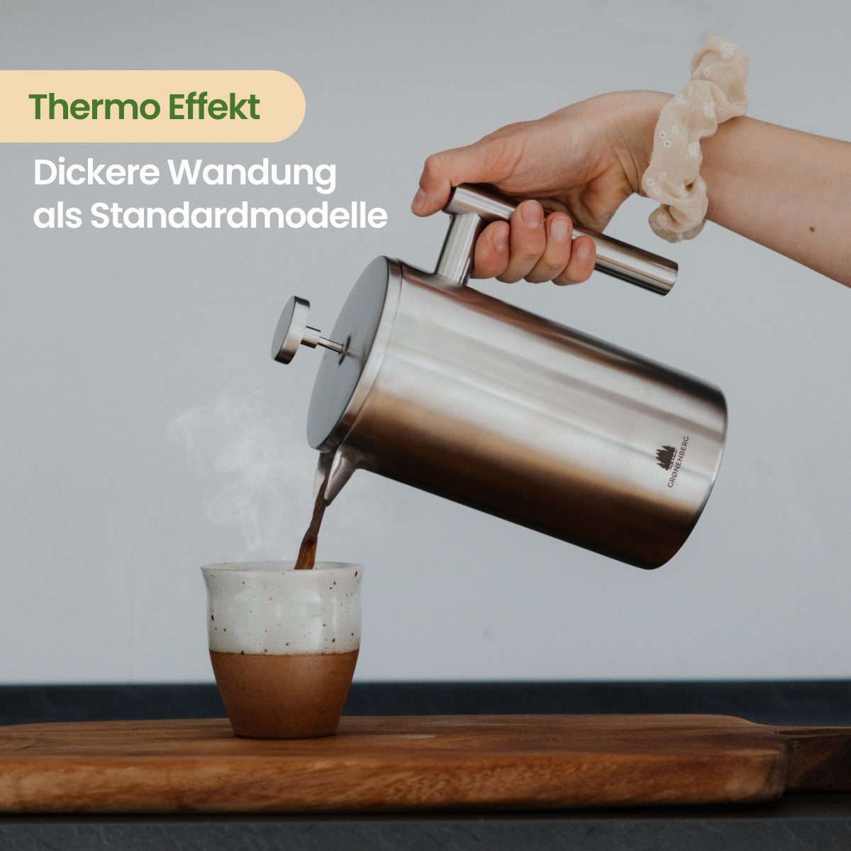 mit Kaffeebereiter Kaffeekanne, Ersatz-Filter 3 1l Kaffeepresse Thermo Edelstahl Kanne French inkl. Effekt, GRØNENBERG Press