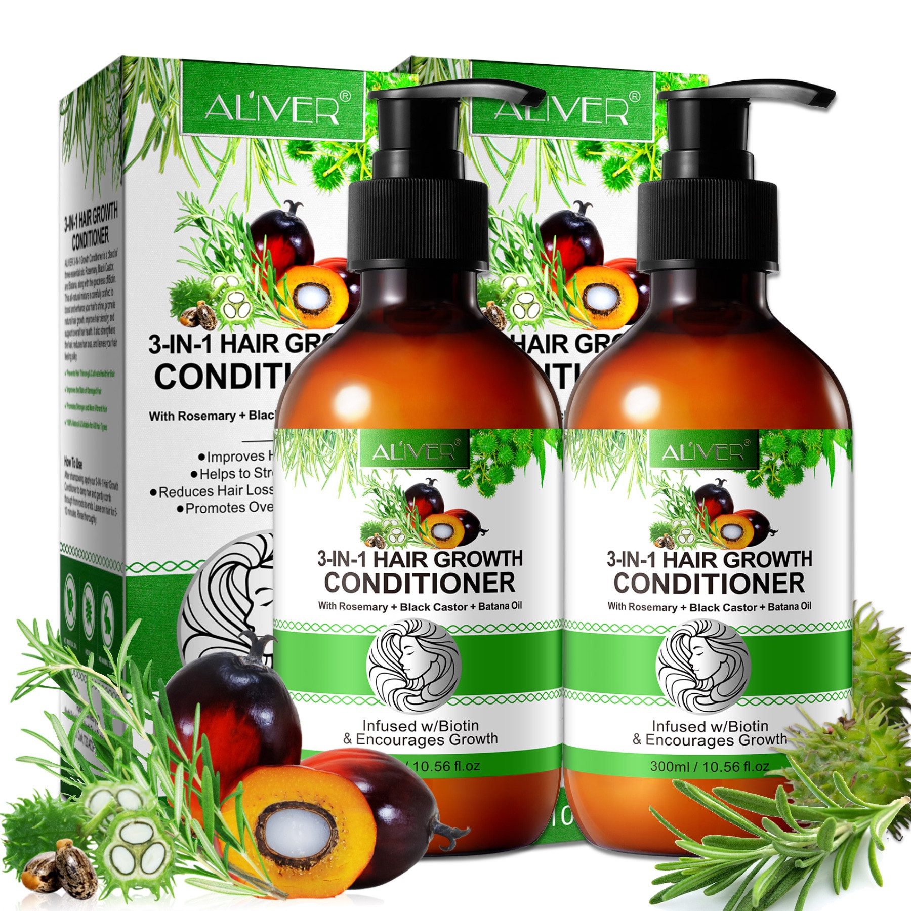 ALIVER Haarspülung Haar Conditioner Haarpflege mit Biotin Rosmarin Rizinus Batana Öl, 2-tlg.