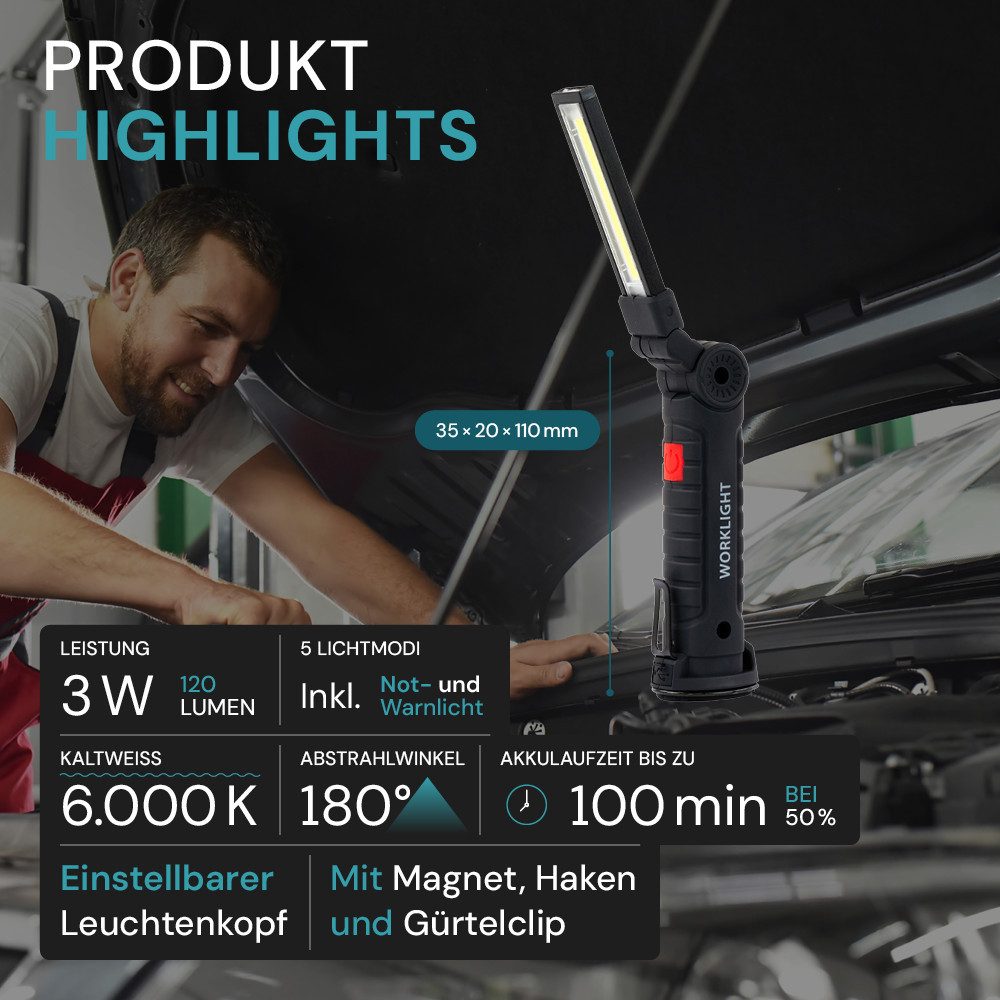 LUXULA LED Arbeitsleuchte LUXULA Arbeitsleuchte 3 W 6000 K Tageslichtweiß Schwarz, Tageslichtweiß