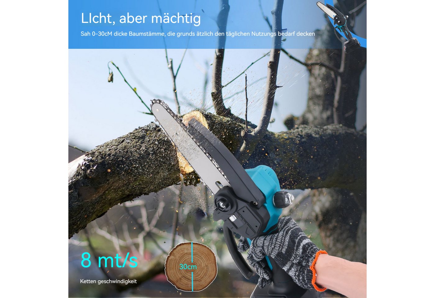 Thumbnail - PODOFO Elektro-Kettensäge 12/6" Akku-Kettensäge bürstenlos Power Tools 21V
