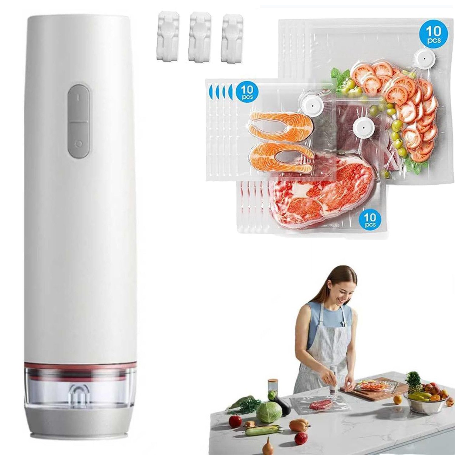 Fyrove Hand-Vakuumierer Vakuumiergerät Vakuumierer Klein,60 kPa Saugkraft, mit 30 wiederverwendbaren Beuteln,für Zuhause & Reisen