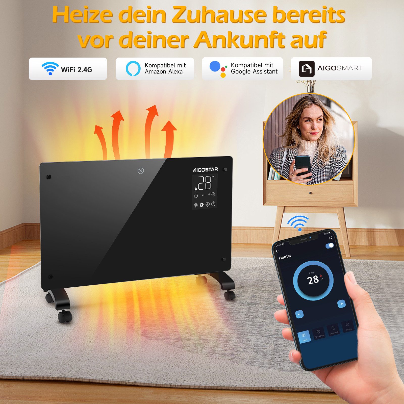 Aigostar Heizlüfter 2000W Elektroheizung, Glas/Konvektor, Touchscreen, günstig online kaufen
