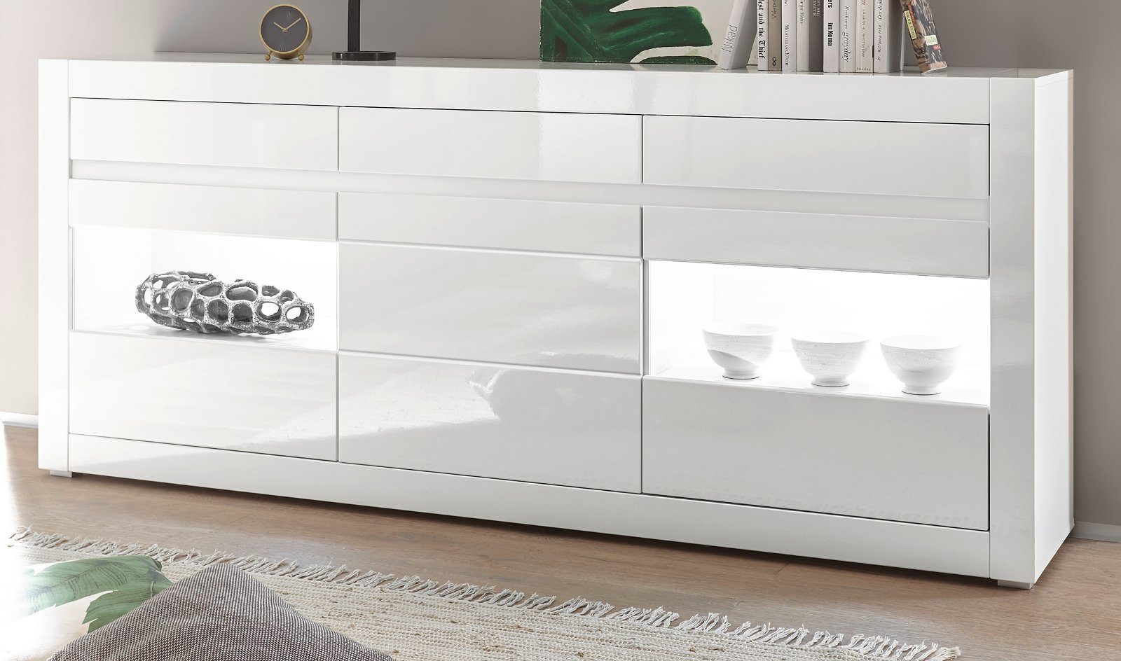 Furn.Design Sideboard Nobile (Anrichte in weiß, 3 Schubladen, 3 Türen, Breite 217 cm), Hochglanz mit Soft-Close