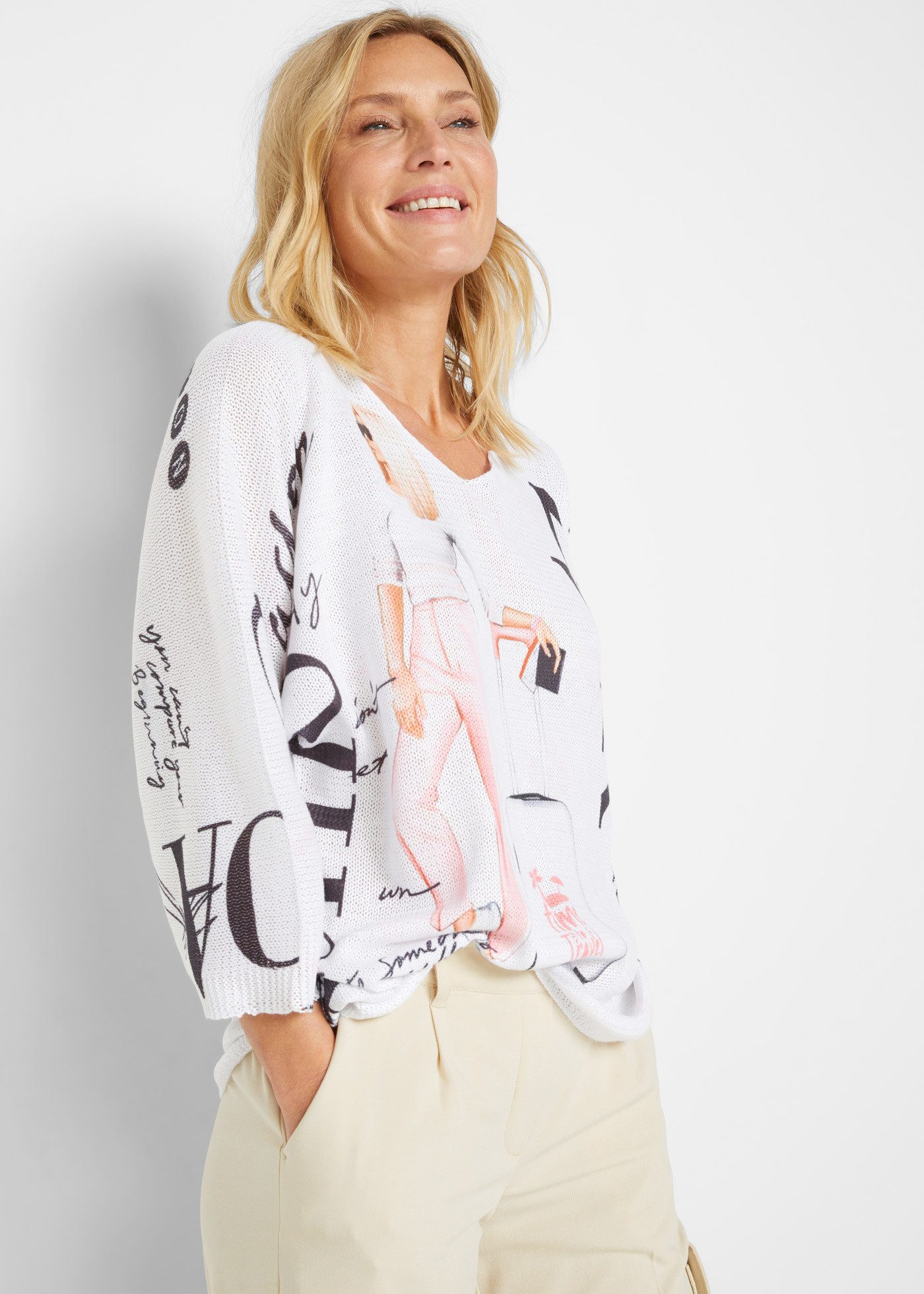 bonprix Strickpullover 3/4-Fledermausärmel, cooler Alloverprint, bequeme Passform