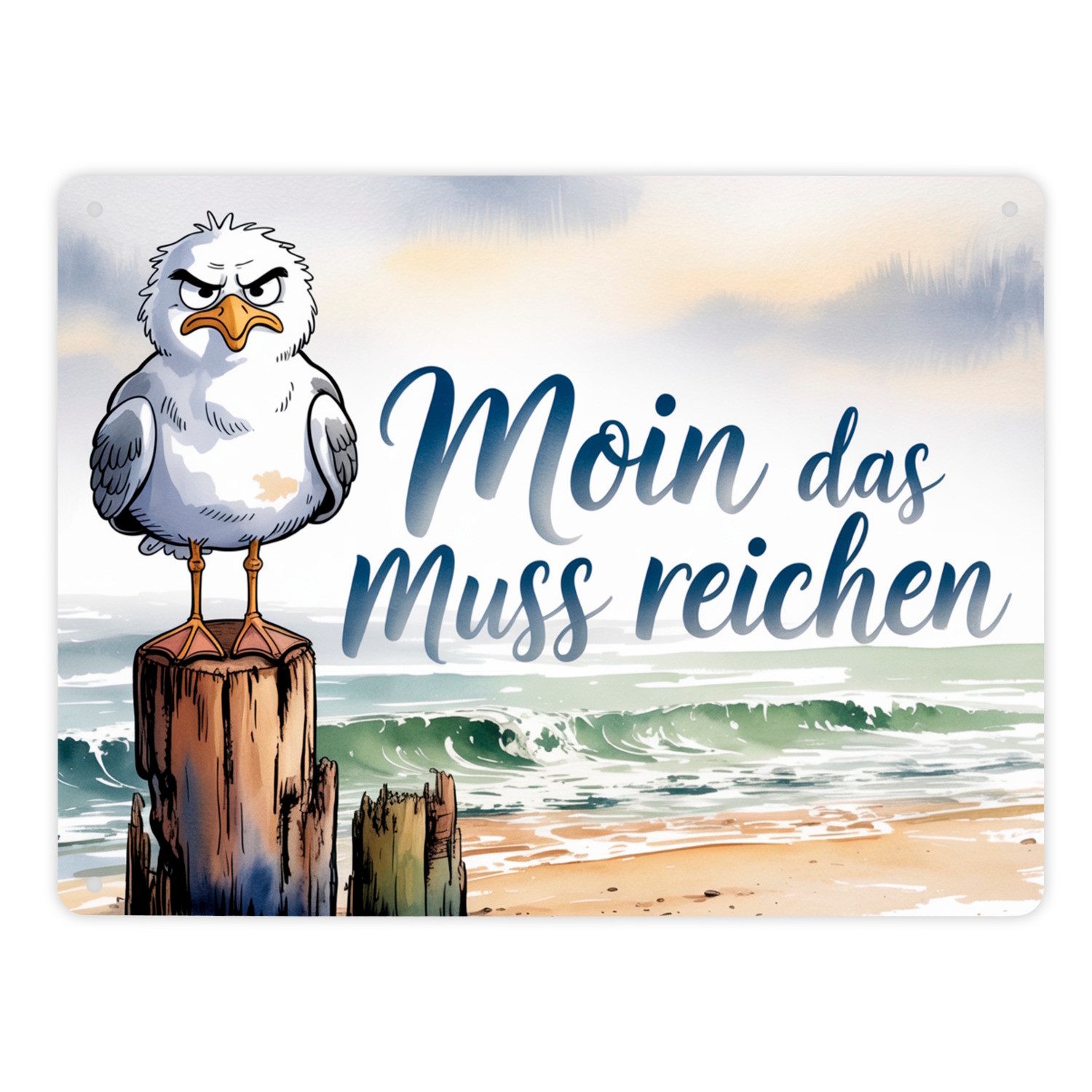 speecheese Metallschild Möwe Aquarell Moin Spruch Metallschild XL in 21x28 cm