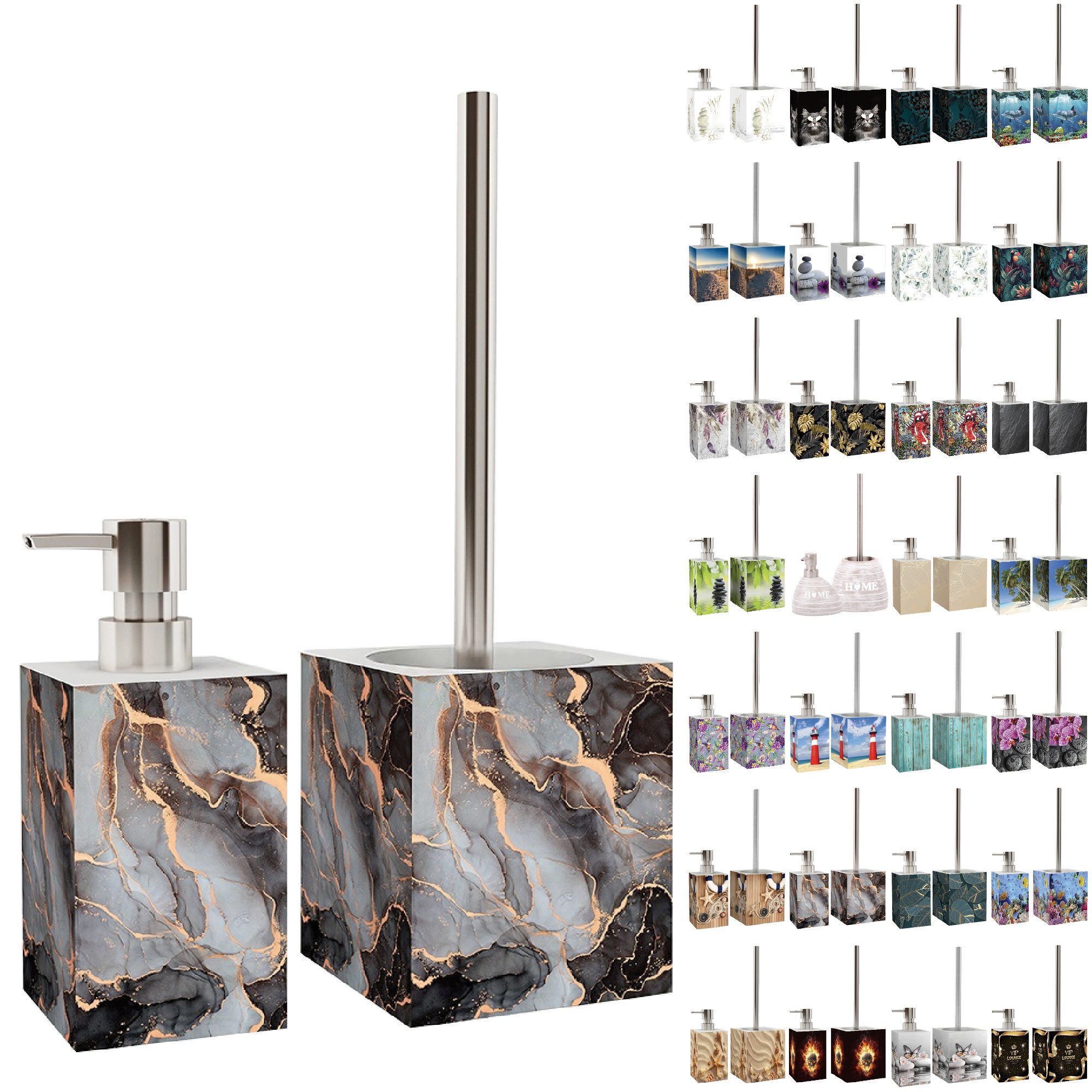 Sanilo Badaccessoire-Set mit Motiv, viele schöne Seifenspender und WC Bürsten zur Auswahl, Klobürste mit auswechselbaren Bürstenkopf, 2 tlg., 2-tlg., Desinfektionsspender mit stabiler Pumpe, hochwertig & modern
