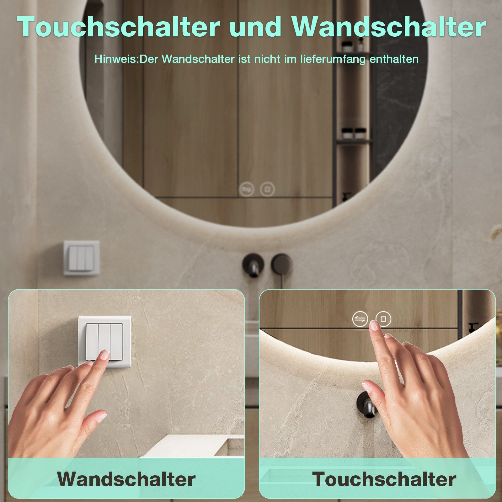 GIMBELEN Badspiegel Dimmbarer Badezimmer Spiegel mit Kaltweiß-Beleuchtung & Touch-Schalter, 3 Lichtfarben, Speicherfunktion & Wandschalter für Komfort – Bild 5 von 5