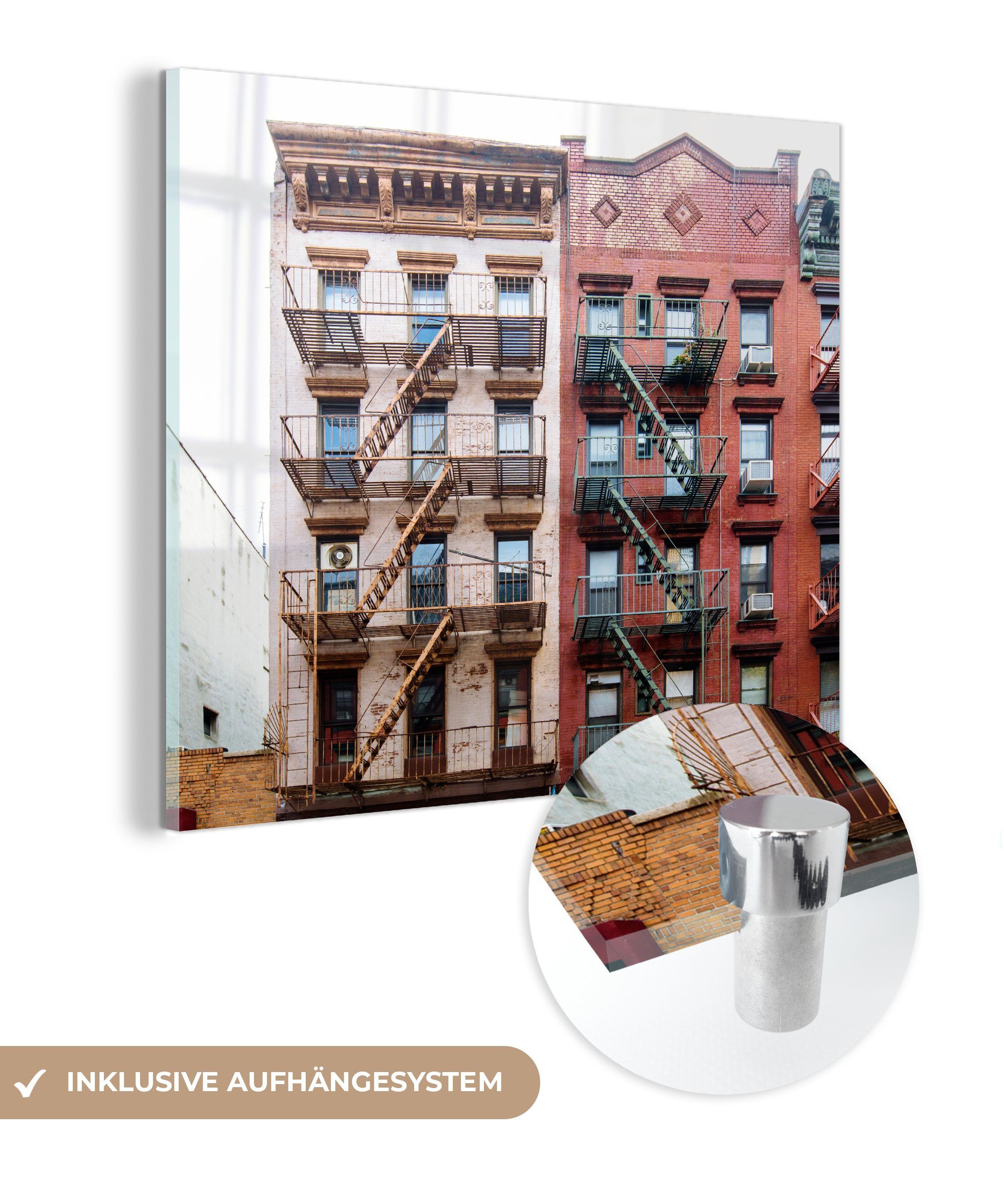 MuchoWow Acrylglasbild Mehrere Feuerleitern an Gebäuden, (1 St), Glasbilder - Bilder auf Glas Wandbild - Foto auf Glas - Wanddekoration