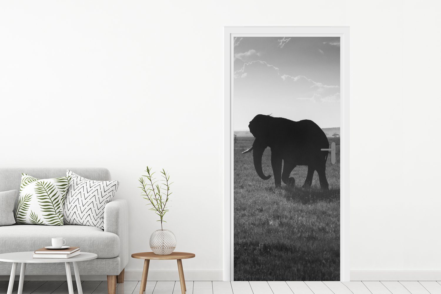 MuchoWow Türtapete und Einfarbig Elefant - (1 St), cm Tiere Tür, Fototapete - 75x205 bedruckt, für Matt, - Türaufkleber, weiß, Schwarz