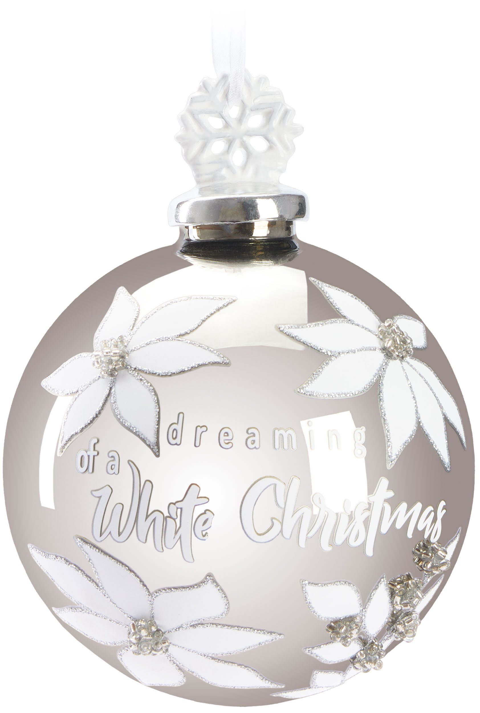 BRUBAKER Weihnachtsbaumkugel Premium Weihnachtskugel Dreaming of a White Christmas - 10cm Baumkugel (1 St), Christbaumkugel aus Glas mit Schneeflocken Figur - Silber mit Glitzer