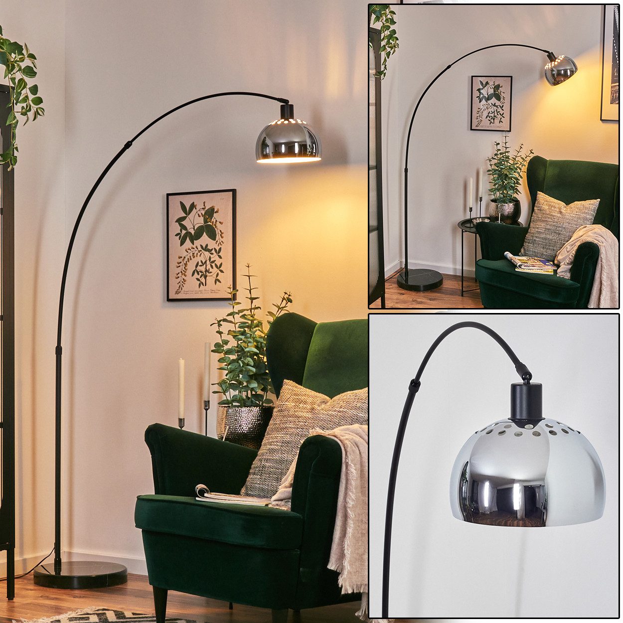 Bogenlampe Stehlampe aus Metall mit Marmorfuß in Schwarz/Chromfarben/Weiß