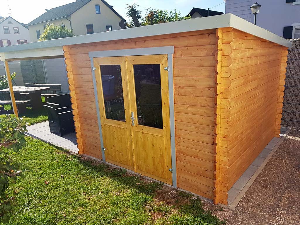LASITA MAJA Gartenhaus Lasita Blockbohlenhaus Orlando 28 mm natur m. Anbau, BxT: 595x309 cm, Anbaudach, 28 mm Wandstärke, Einzeltür mit Echtglas-Einsätzen