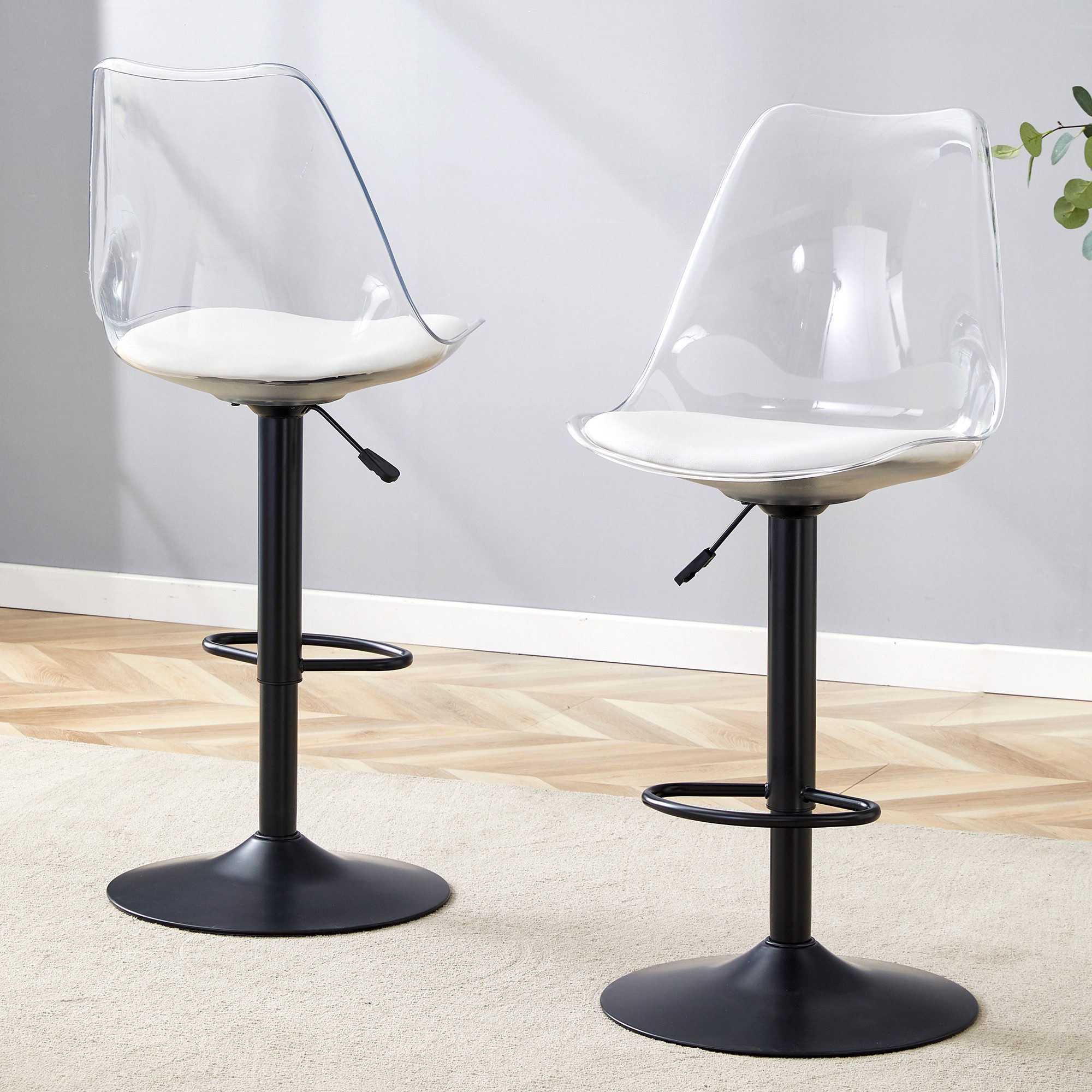 OKWISH Barhocker Drehhocker Barstühle (transparenter Kunststoffrücken mit kunstleder-Ledersitz, Verstellbare, 2er-Set, Ledersitz mit transparenter Rückenlehne), Metallbeine und 360° Drehfunktion