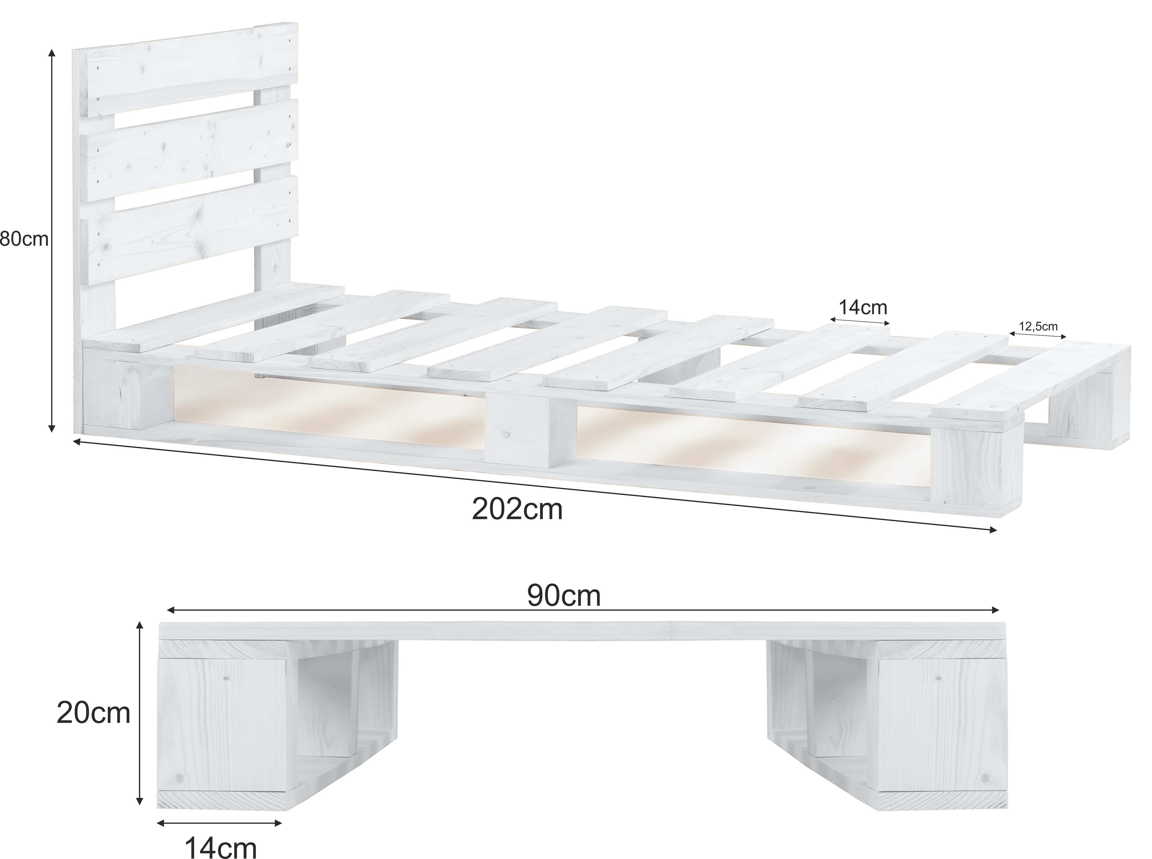 sunnypillow Palettenbett mit Kopfteil Holzbett 80 90 100 120 140 160 180 200 220 240 x 200 cm, 90x200 cm weiß