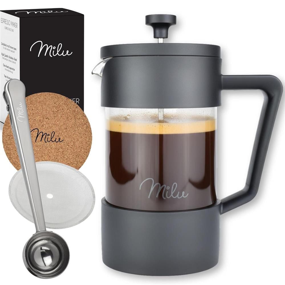 Milu French Press Kanne, 600l Kaffeekanne, Kaffeebereiter, Kaffeepresse, Kunststoff/Glas, Schwarz