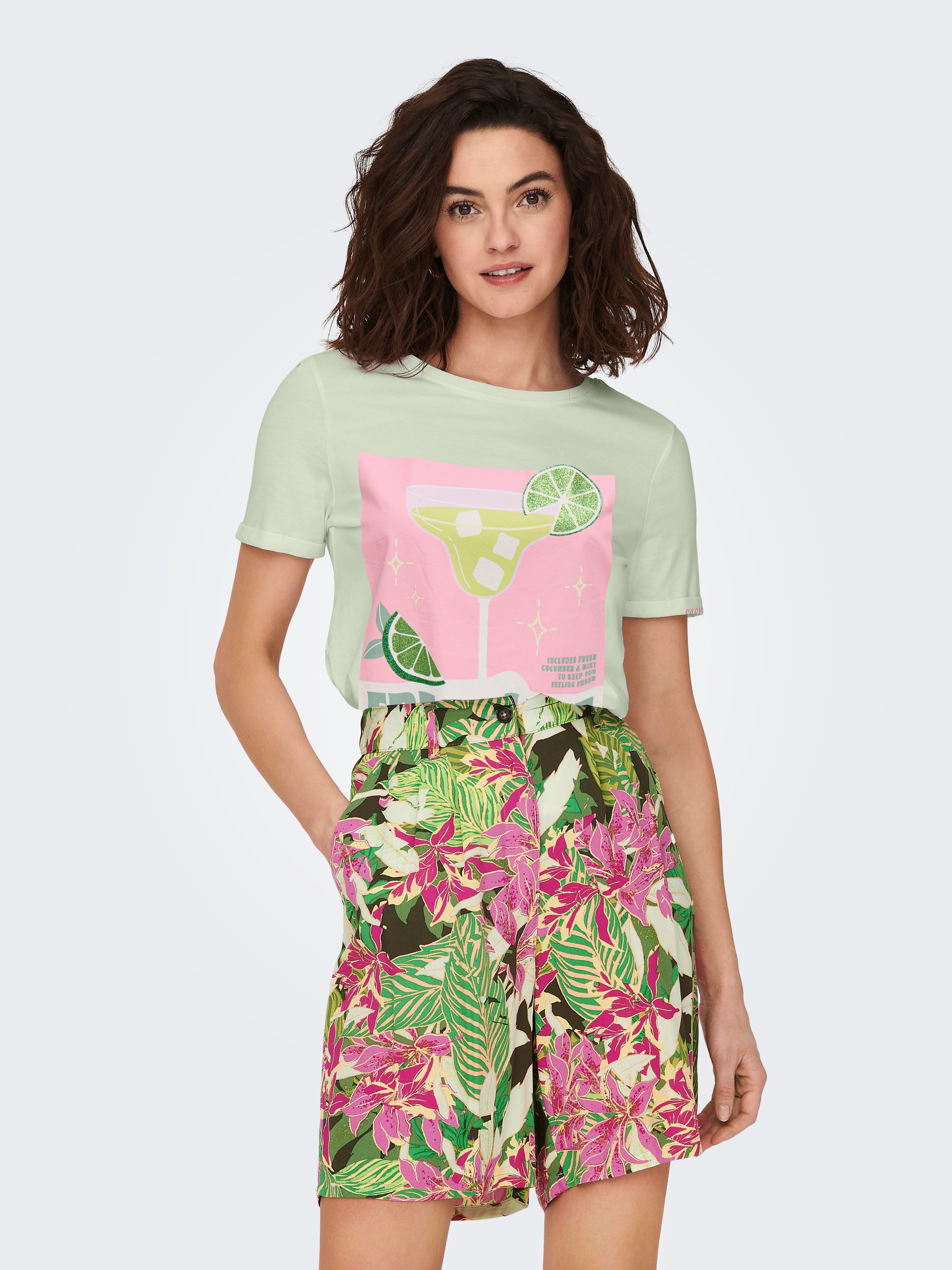 ONLY T-Shirt ONLKITA S/S DRINKS TOP BOX JRS Baumwolle, regular fit, Rundhals