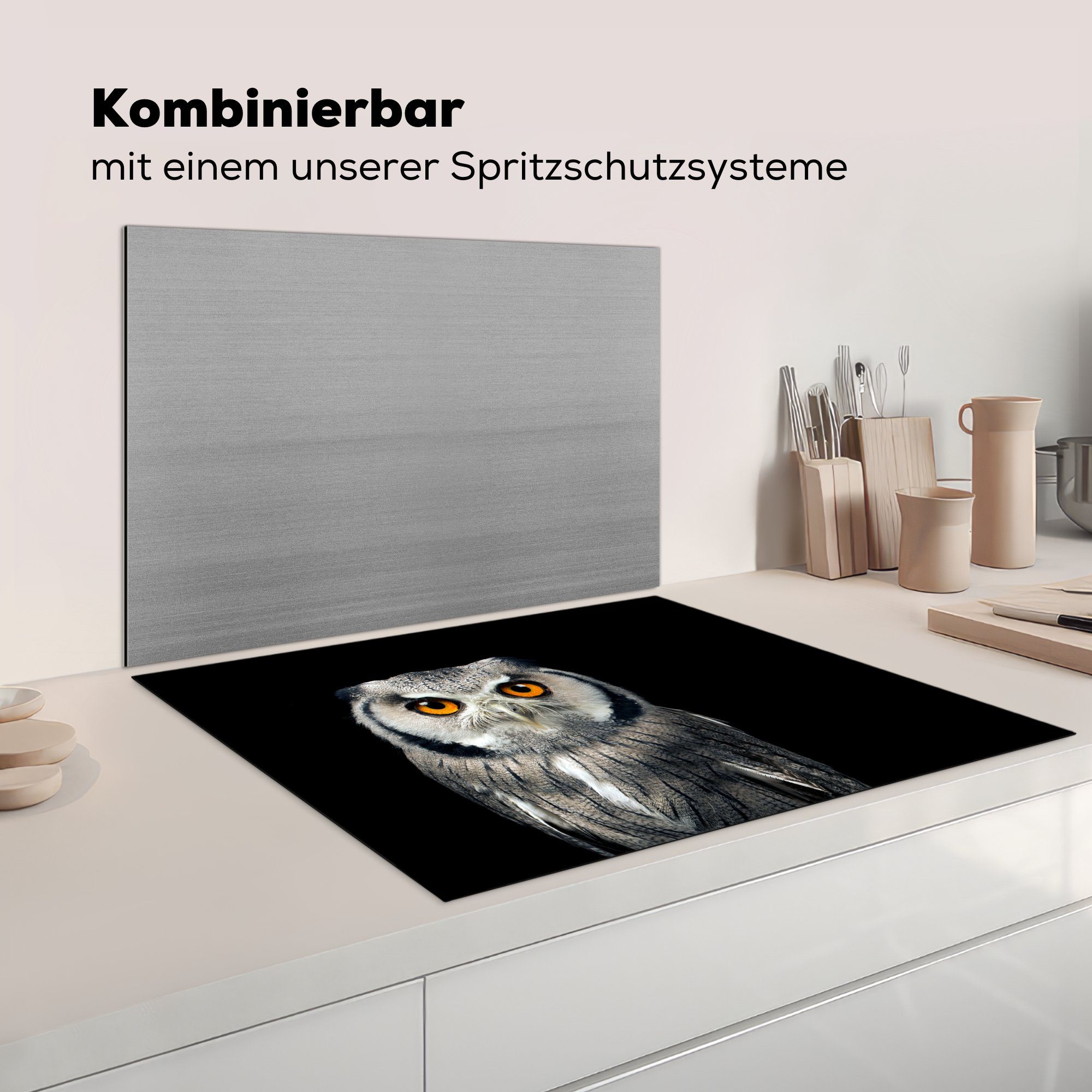 küche Arbeitsplatte (1 cm, 77x59 - für Vinyl, MuchoWow tlg), Orange Vogel Ceranfeldabdeckung, - - Herdblende-/Abdeckplatte Eule Schwarz,