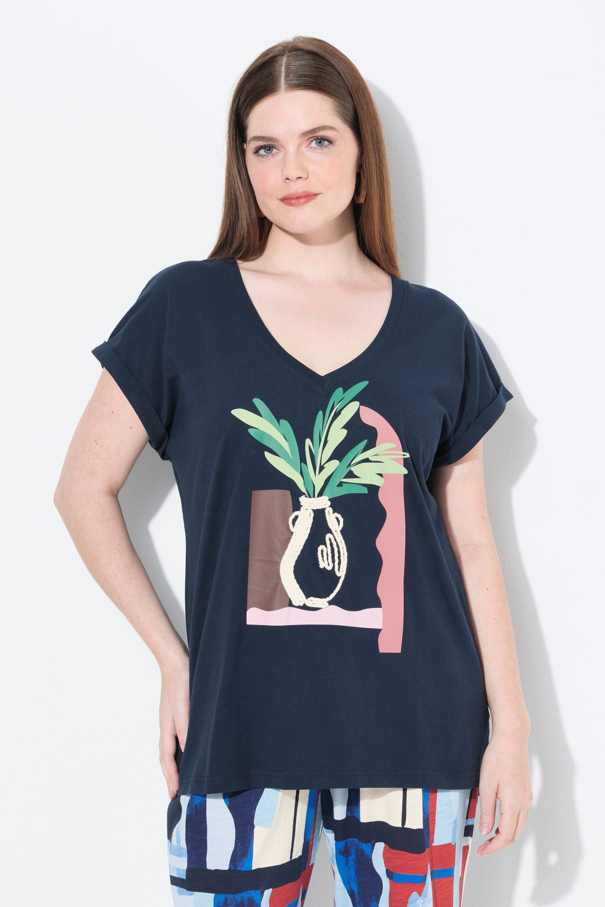 T-Shirt T-Shirt Vase V-Ausschnitt Halbarm Biobaumwolle