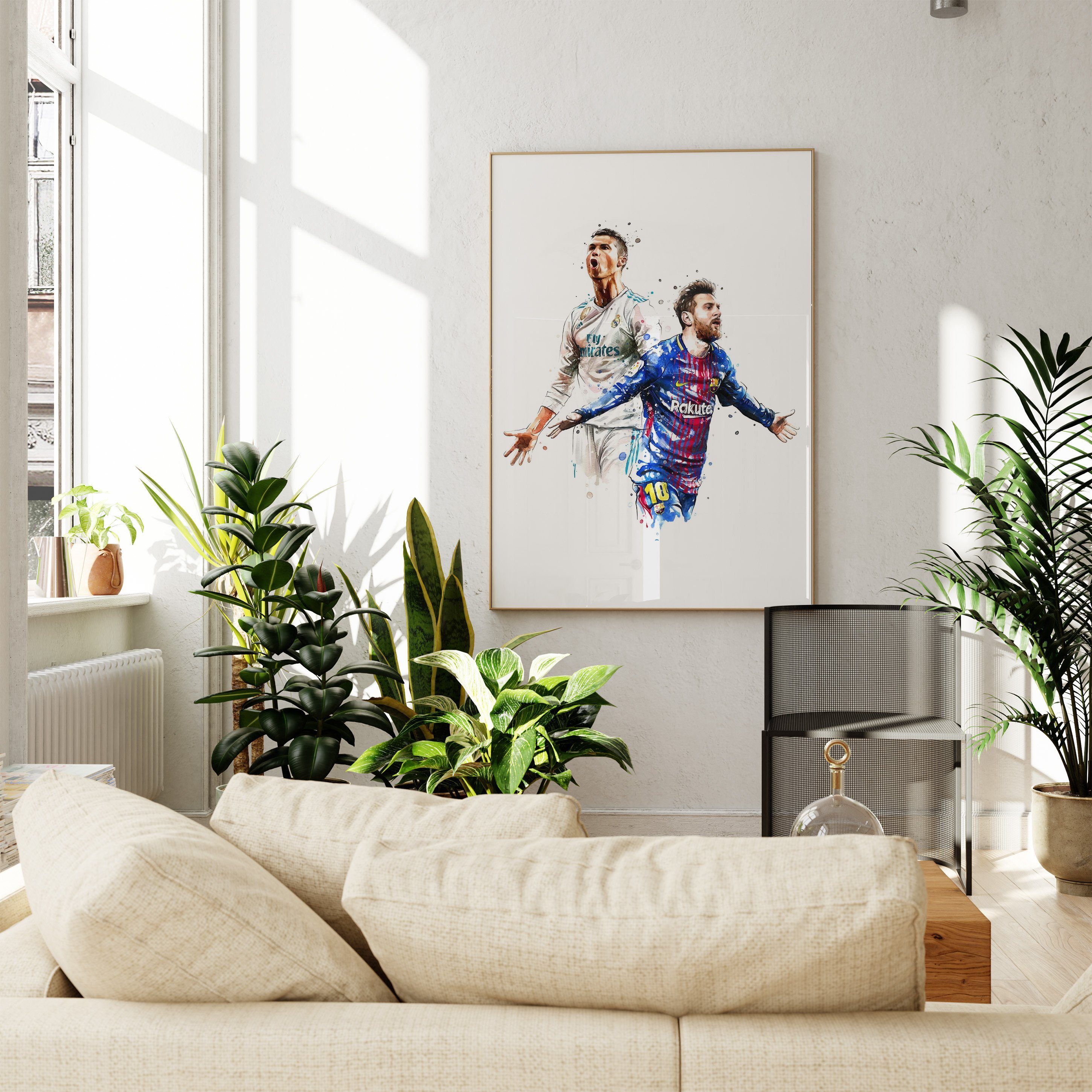 Wasserfarben ohne · JUSTGOODMOOD Fußball Premium ® Poster Messi Poster Ronaldo · Rahmen