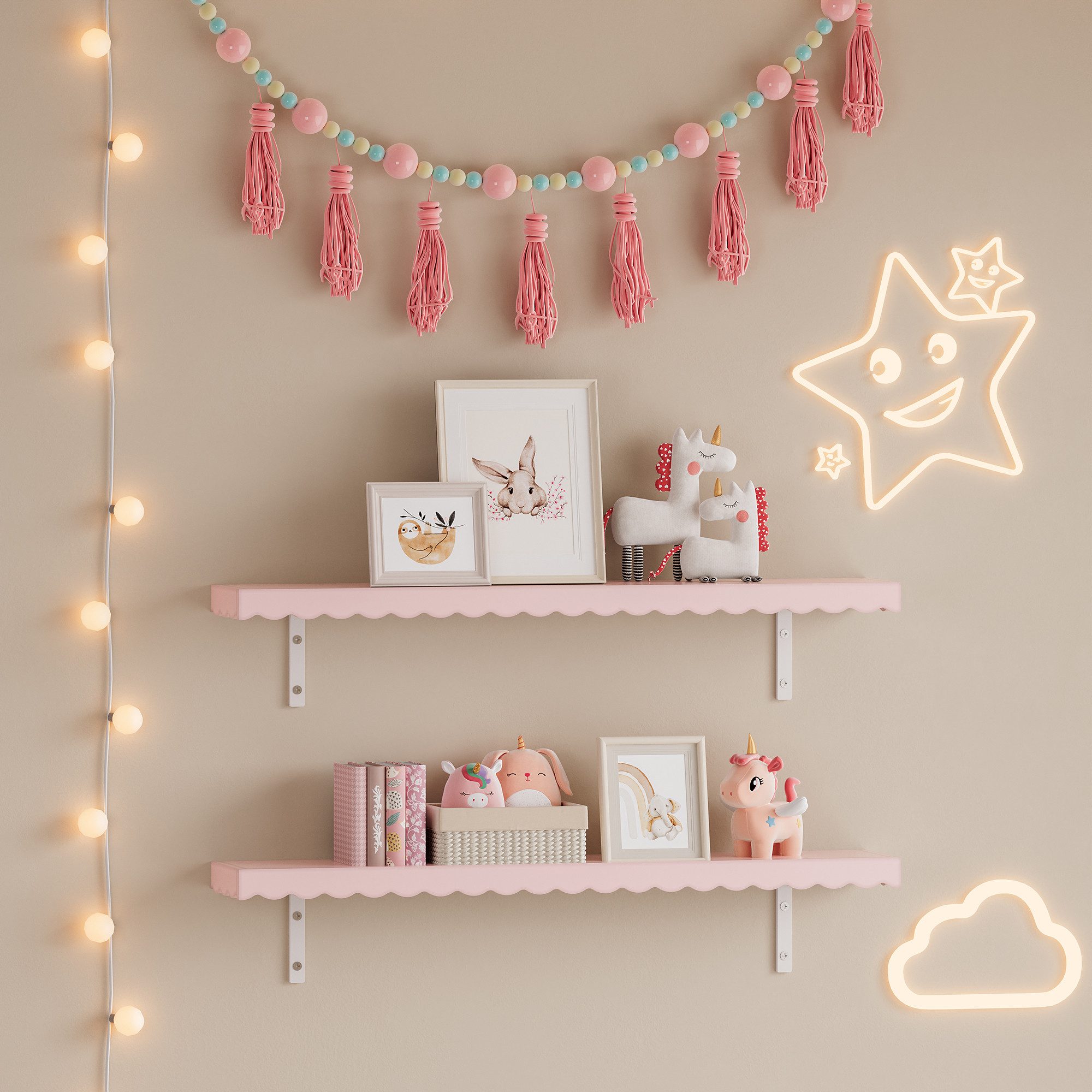 en.casa Kinderregal, Set 2-tlg., »Vestnes« Wellendesign 80 x 17 x 4 cm Cotton Candy