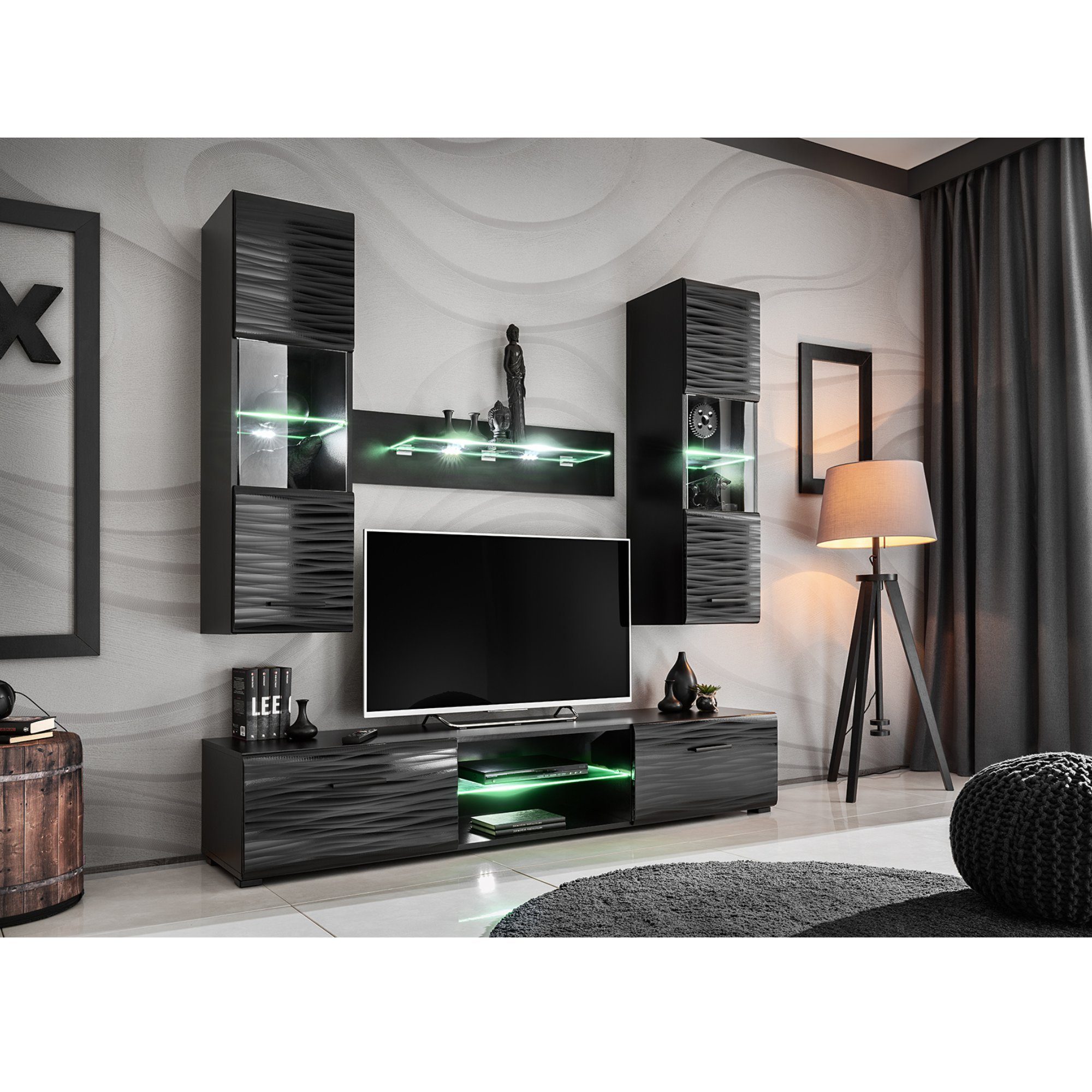 MINI BLADE 3D - Wohnwand / Sahara Schwarz Furnica - Wohnzimmermöbel-Set Matt