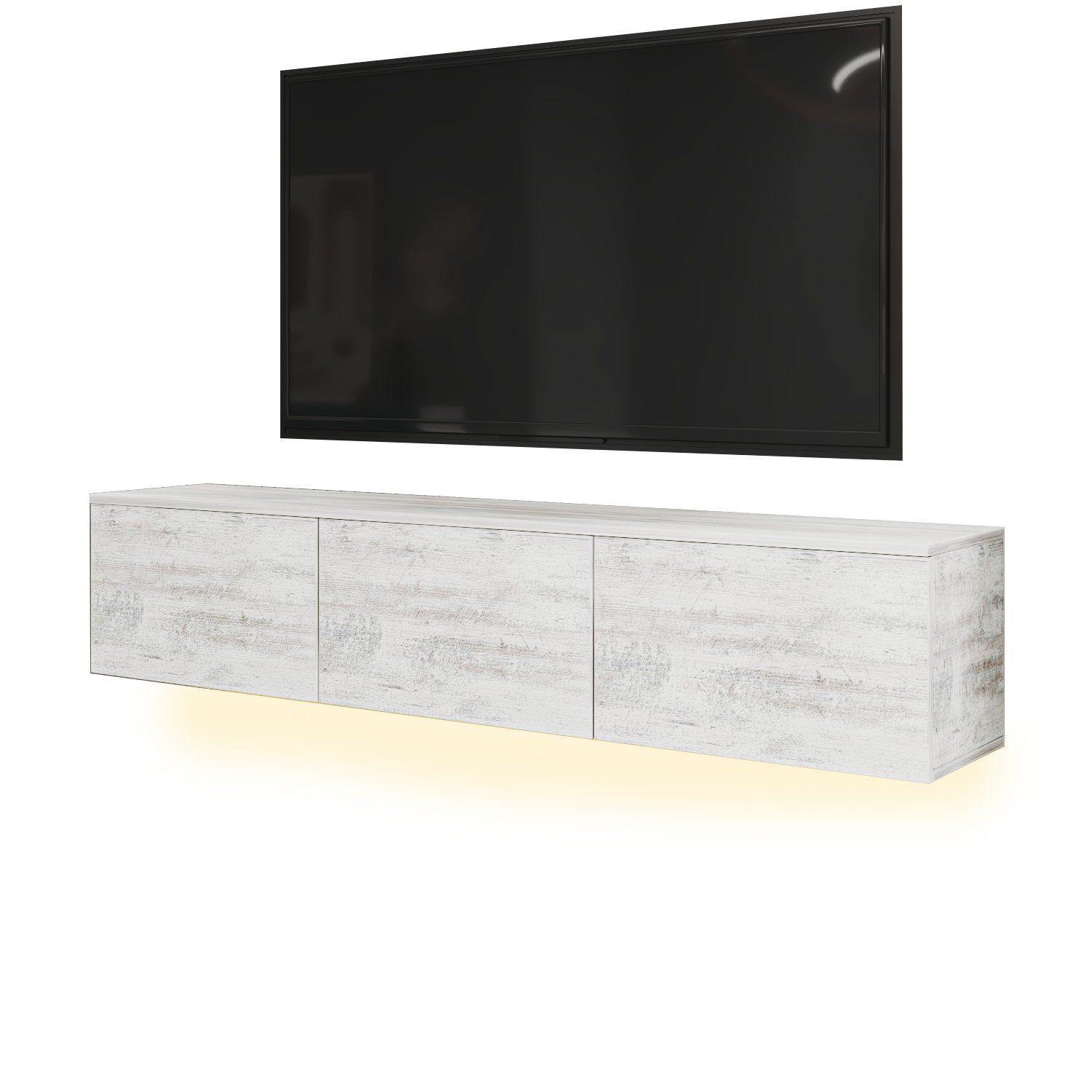 moebel17 TV-Regal TV Lowboard Alston Kristall LED Beleuchtung, modernes TV Lowboard Weiß in Holzoptik mit 3 Türen