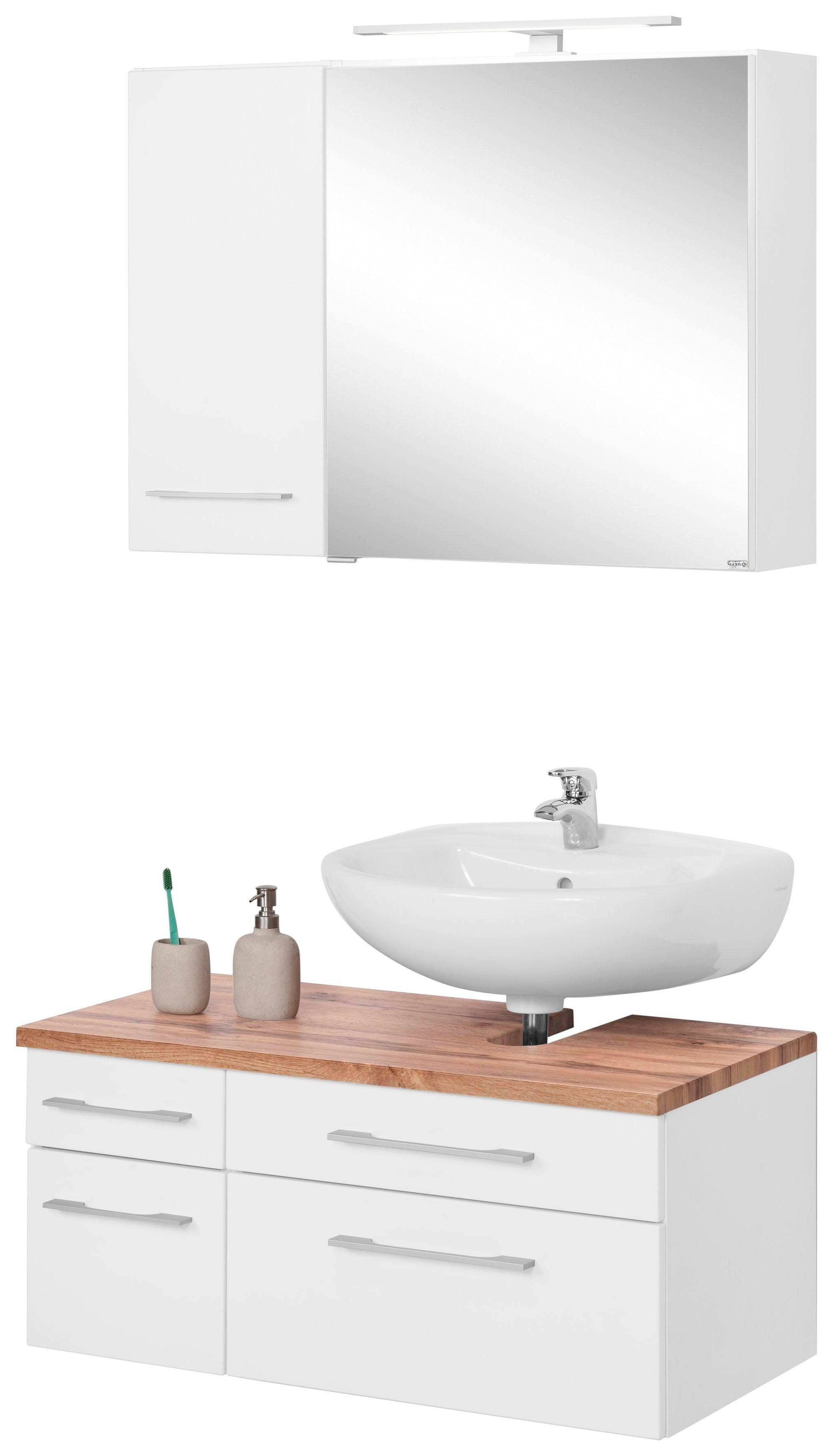 welltime Badmöbel-Set Davos, (3-St), mit LED-Beleuchtung, Hängeschrank und Waschbeckenunterschrank