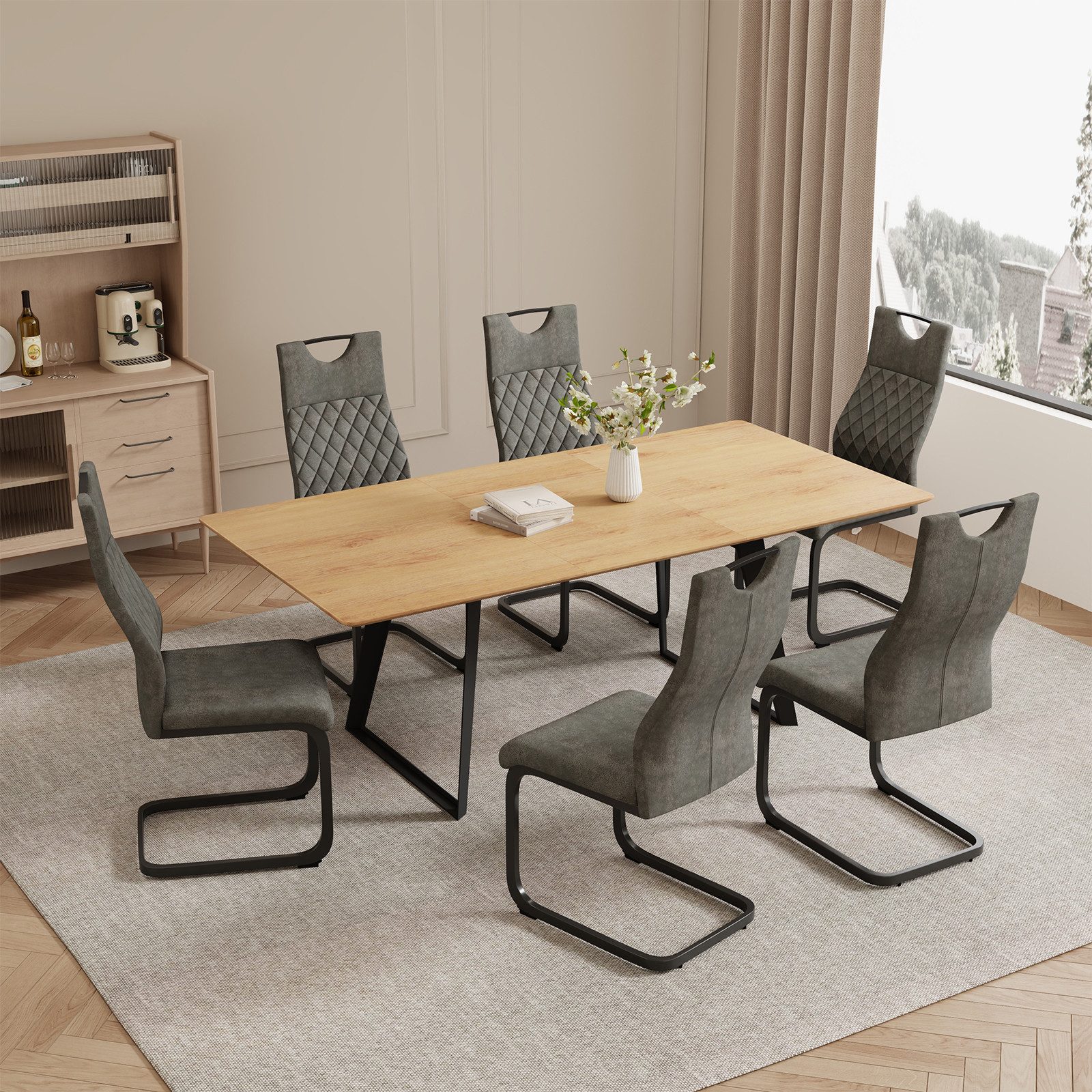 Jiexi Essgruppe Ausziehbarer Esstisch (130–170 cm) mit 4-6 Stühlen, MDF-Tischplatte