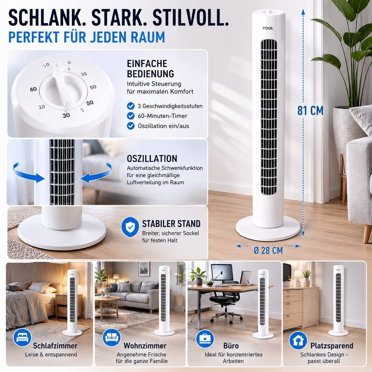 Ertex Standventilator Ventilator TURMVENTILATOR 45 W, Höhe 82 cm, Fernbedienung + Timer